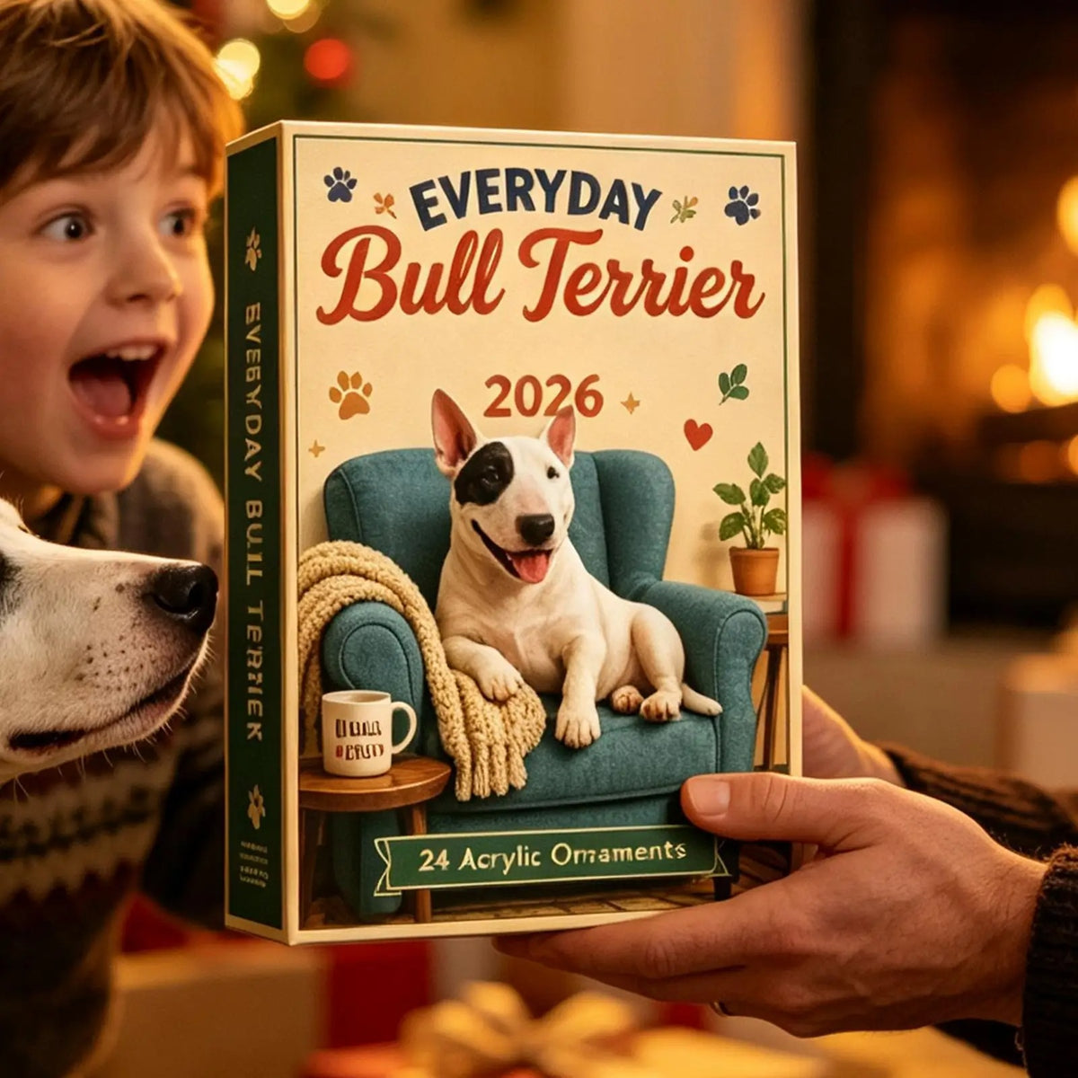 Adventní kalendář s motivem bullteriéra 2026, 24 dní, akrylová psí ozdoba ve 2D provedení, vánoční dekorace pro odpočítávání do Vánoc, dárek pro děti, rodinu a milovníky zvířat