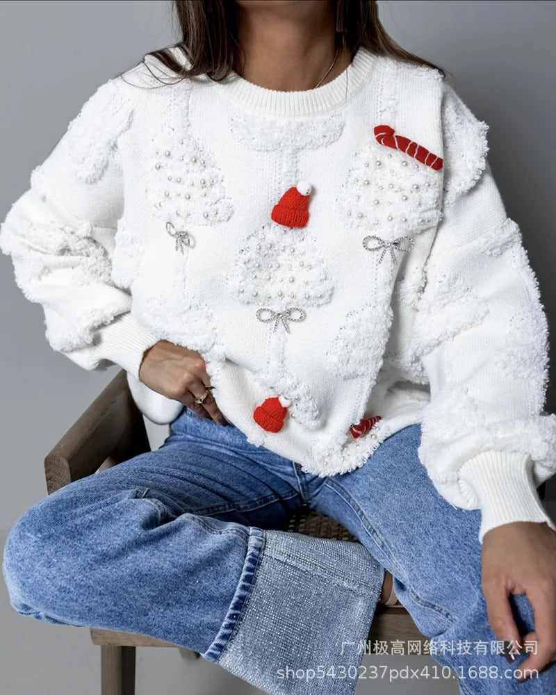 Women's Christmas Knit Sweater – Loose Fit Round Neck Pullover with Lantern Sleeves