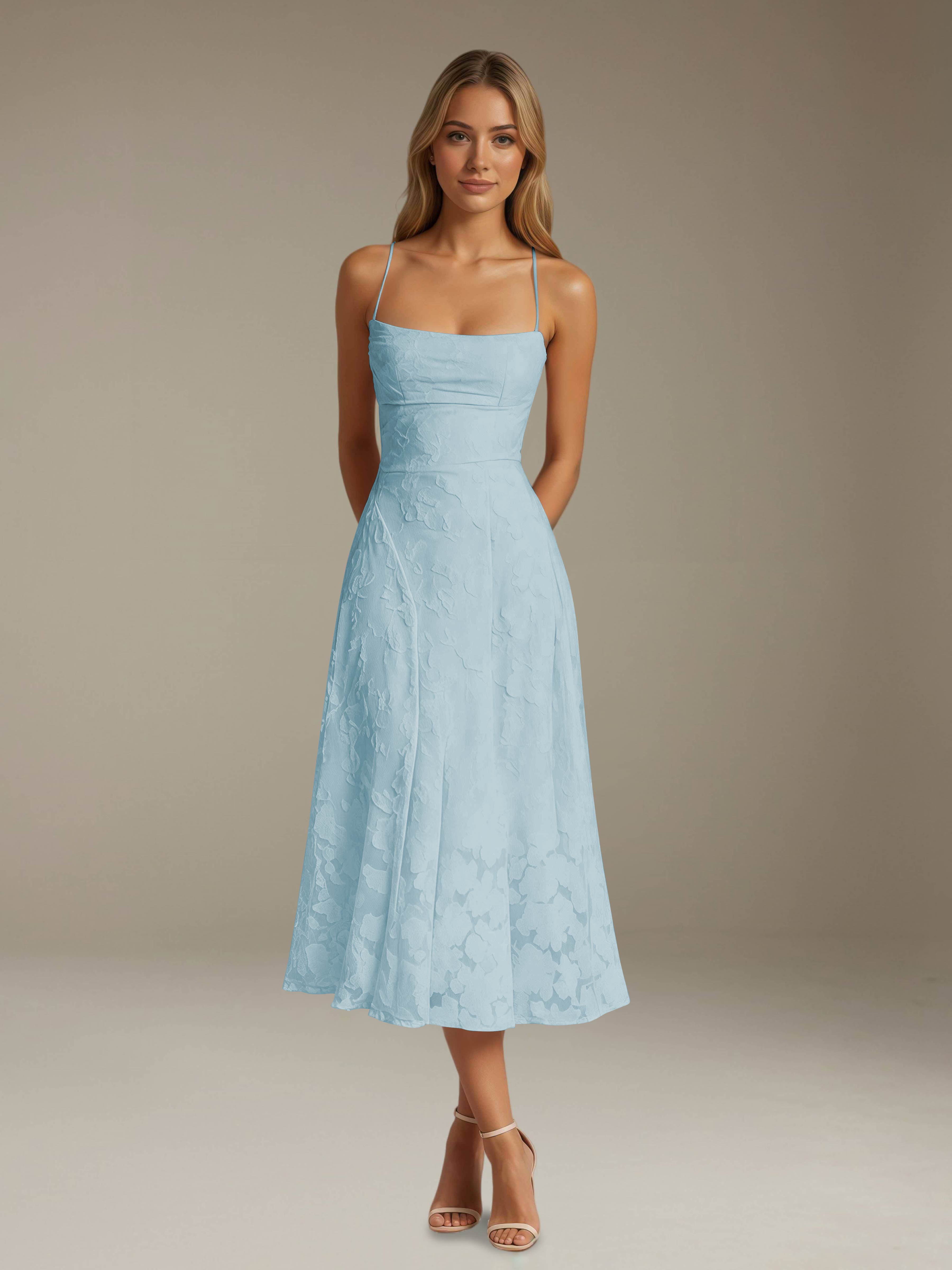 Floral Lace Bridesmaid Dress - Tea-Length A-Line Occasion Dress with Spaghetti Straps and Adjustable Lace-Up Back Detail