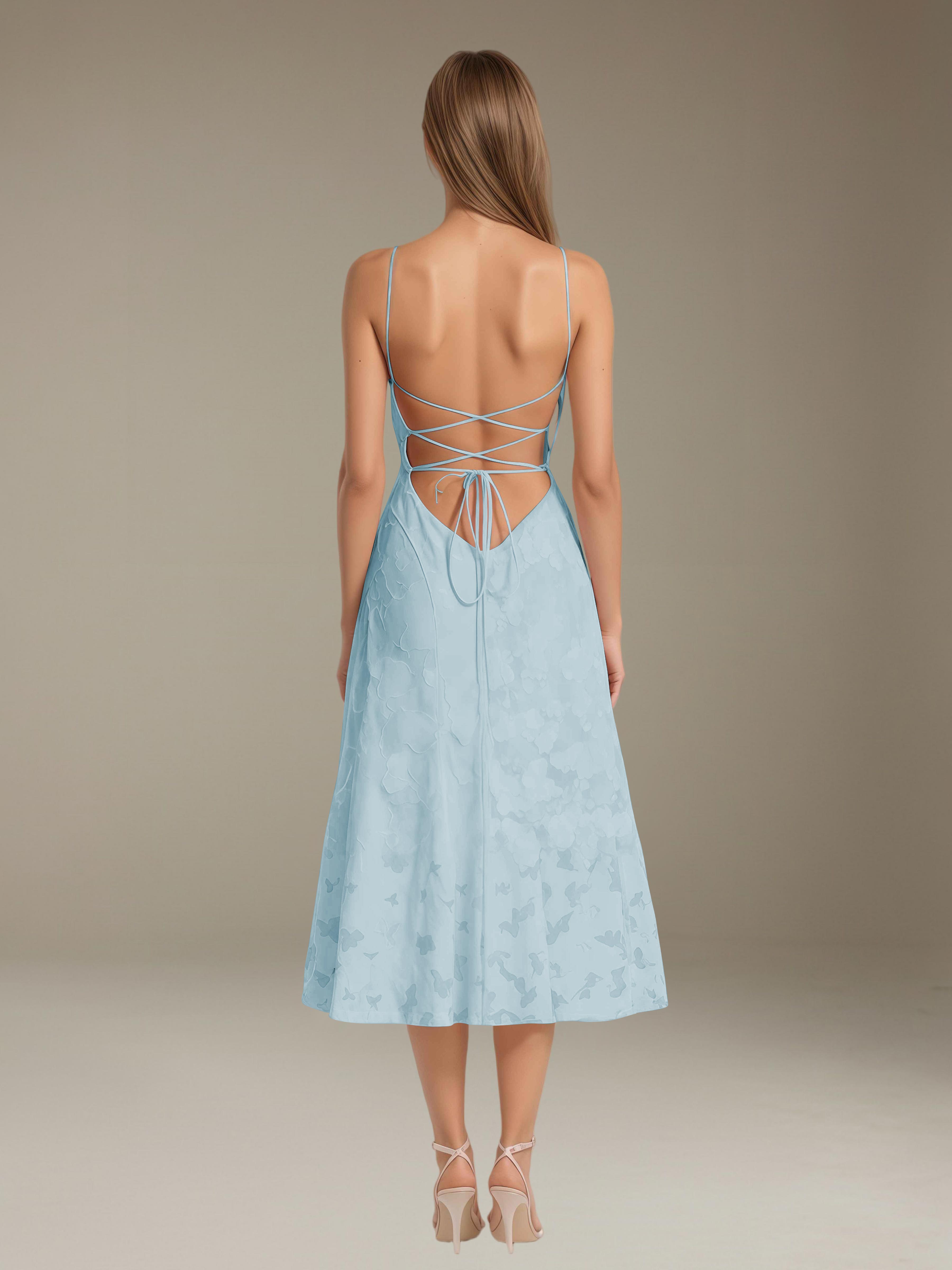 Floral Lace Bridesmaid Dress - Tea-Length A-Line Occasion Dress with Spaghetti Straps and Adjustable Lace-Up Back Detail