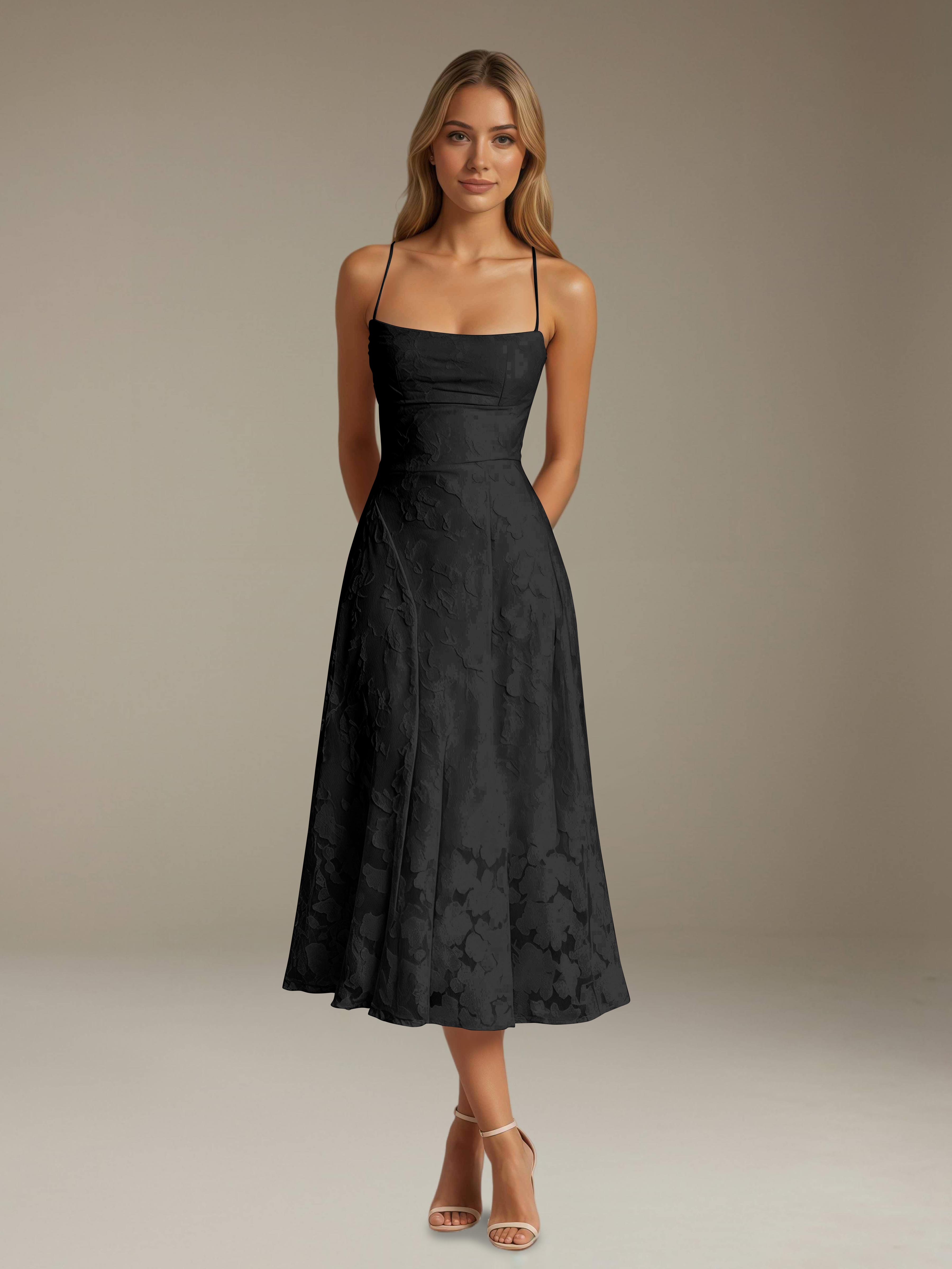 Floral Lace Bridesmaid Dress - Tea-Length A-Line Occasion Dress with Spaghetti Straps and Adjustable Lace-Up Back Detail