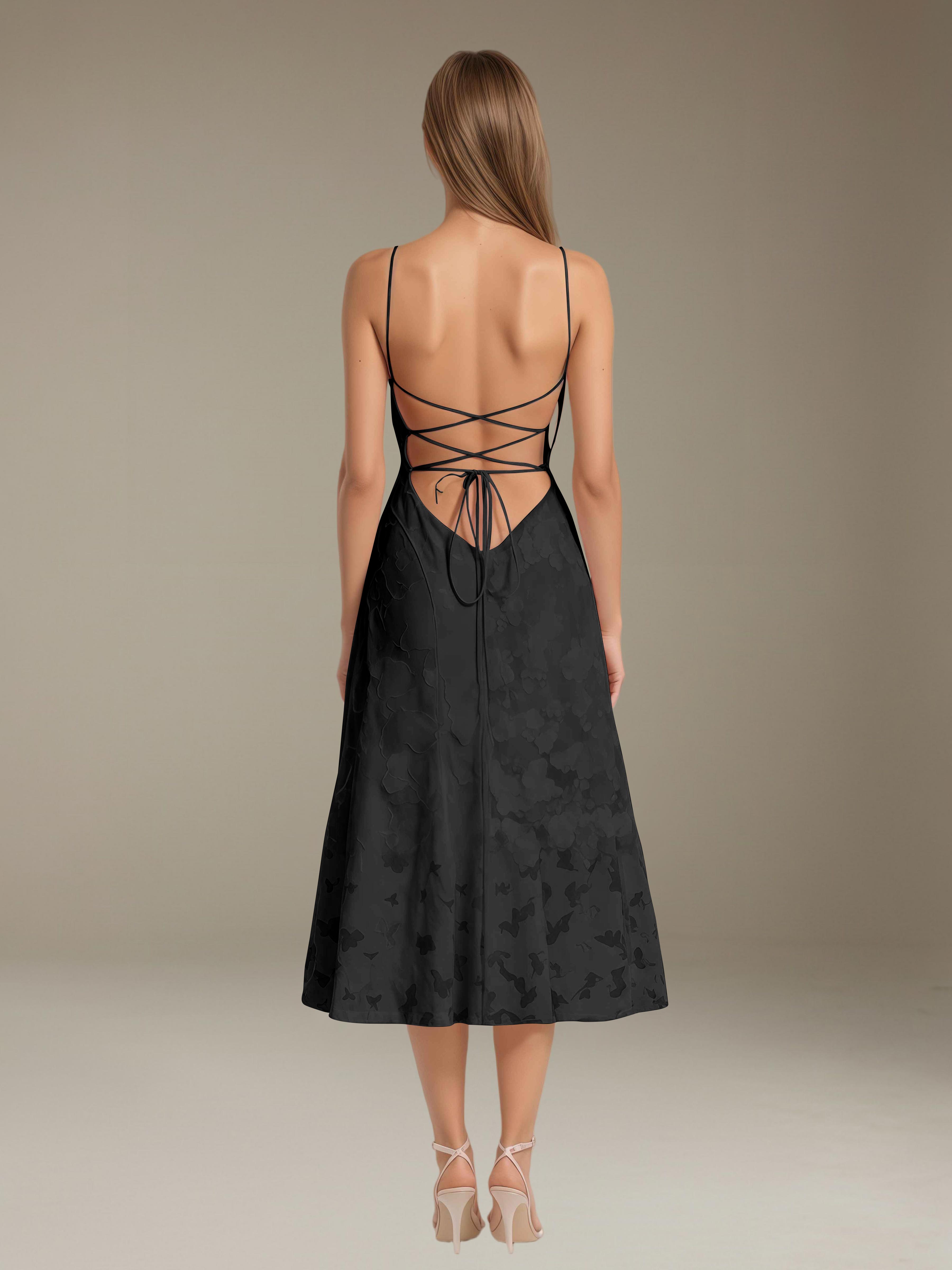 Floral Lace Bridesmaid Dress - Tea-Length A-Line Occasion Dress with Spaghetti Straps and Adjustable Lace-Up Back Detail