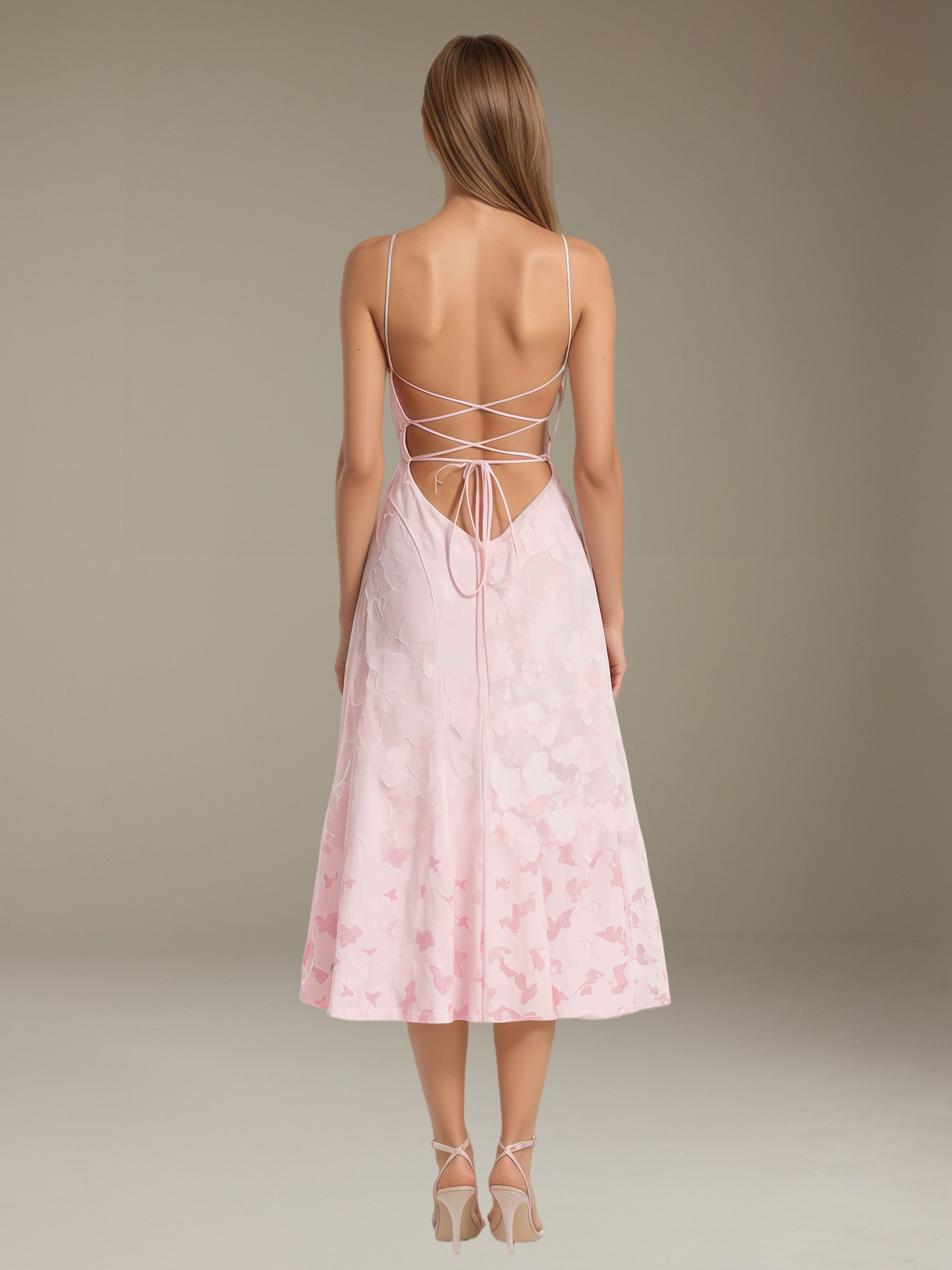 Floral Lace Bridesmaid Dress - Tea-Length A-Line Occasion Dress with Spaghetti Straps and Adjustable Lace-Up Back Detail