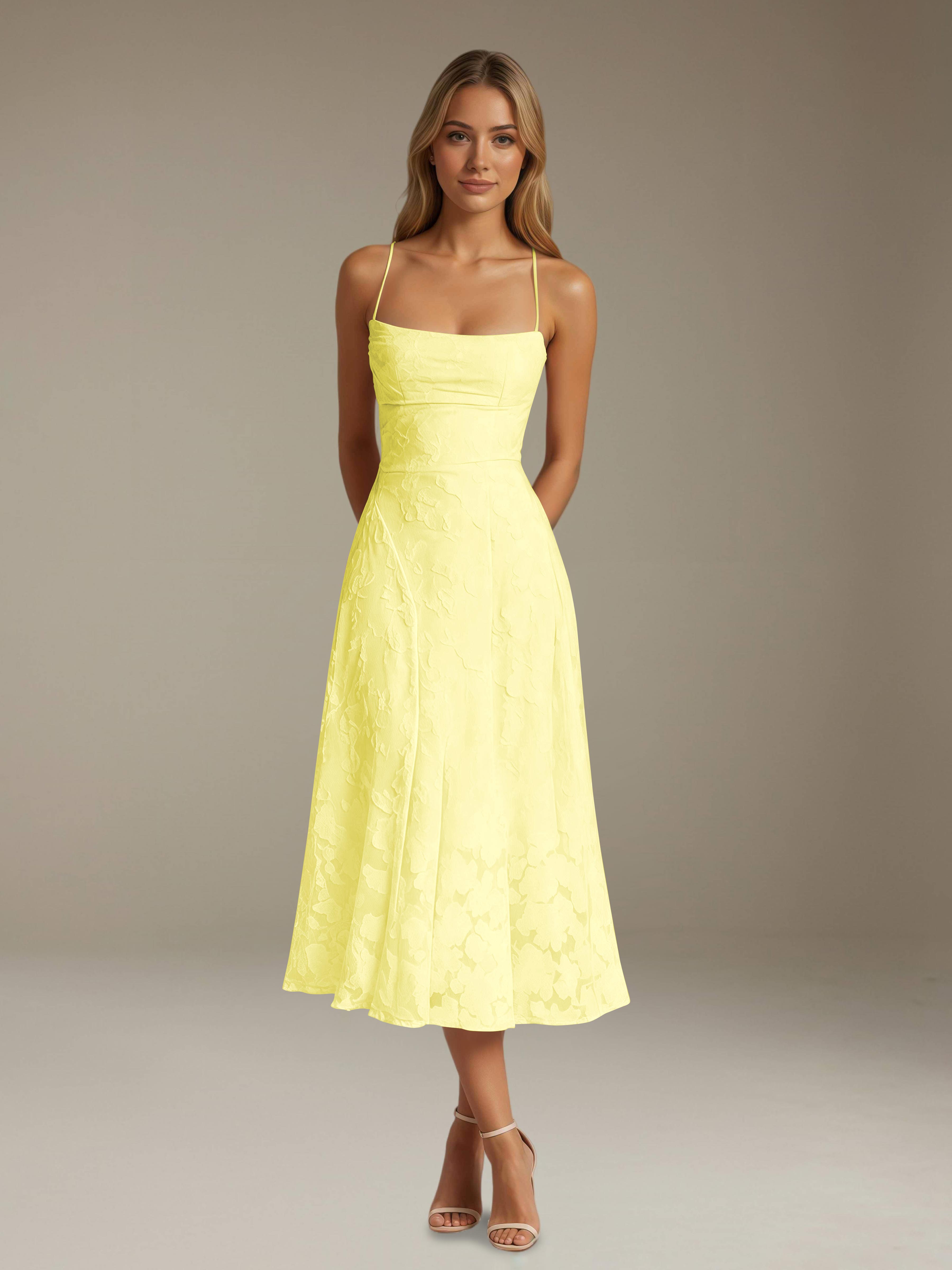 Floral Lace Bridesmaid Dress - Tea-Length A-Line Occasion Dress with Spaghetti Straps and Adjustable Lace-Up Back Detail