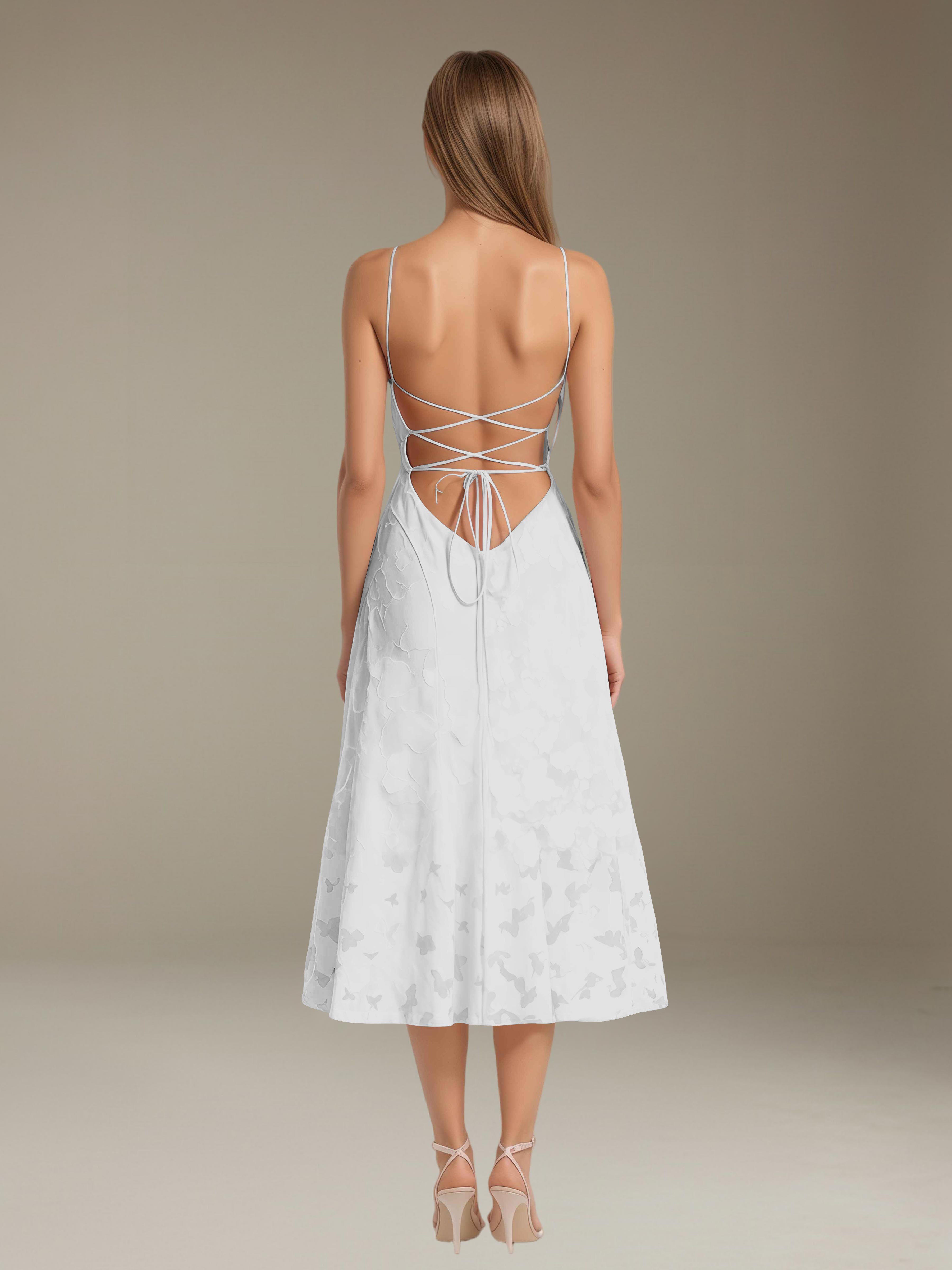 Floral Lace Bridesmaid Dress - Tea-Length A-Line Occasion Dress with Spaghetti Straps and Adjustable Lace-Up Back Detail
