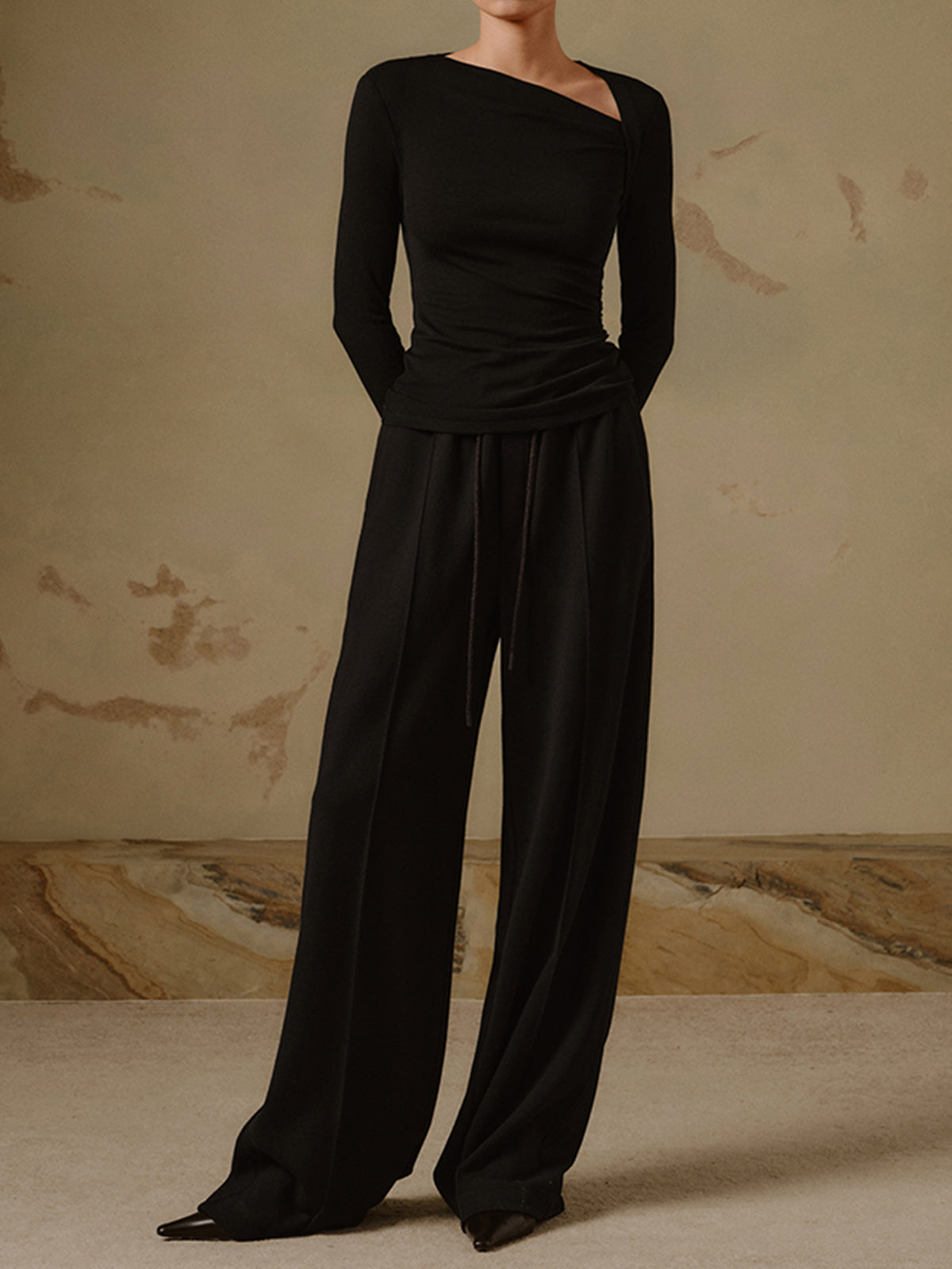 Ribbed Knit Long Sleeve Asymmetric Shirt – Slim Fit Top with Modern Neckline