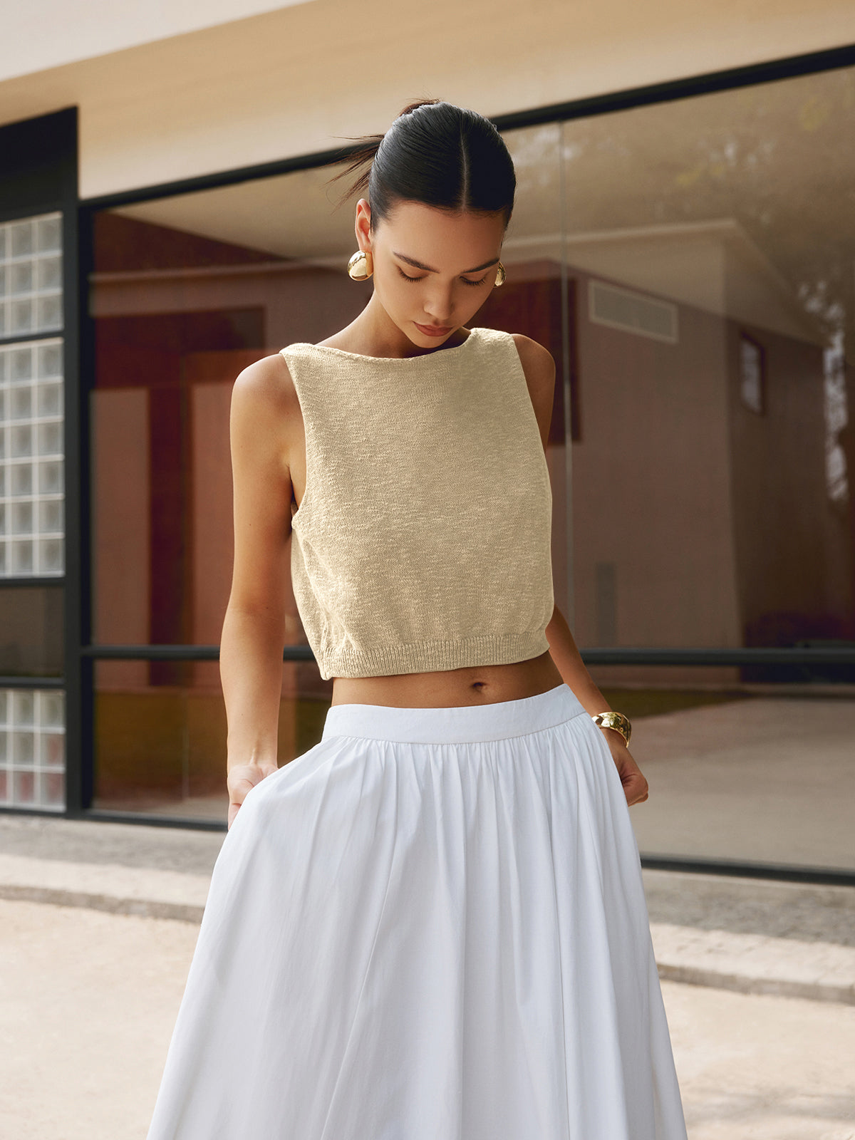 Strikket crop-top i bomuldsblanding – Ærmeløs basic-top med rund hals
