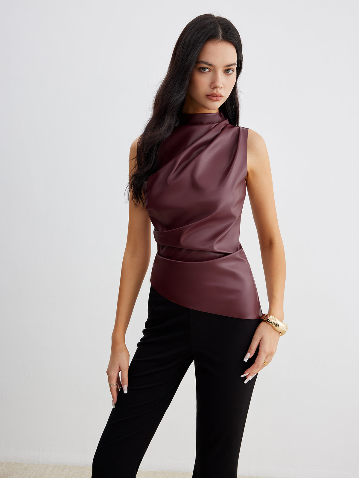 Camiseta sin mangas de imitación de piel, elegante y lujosa – Camiseta sin mangas y sin cuello para mujer
