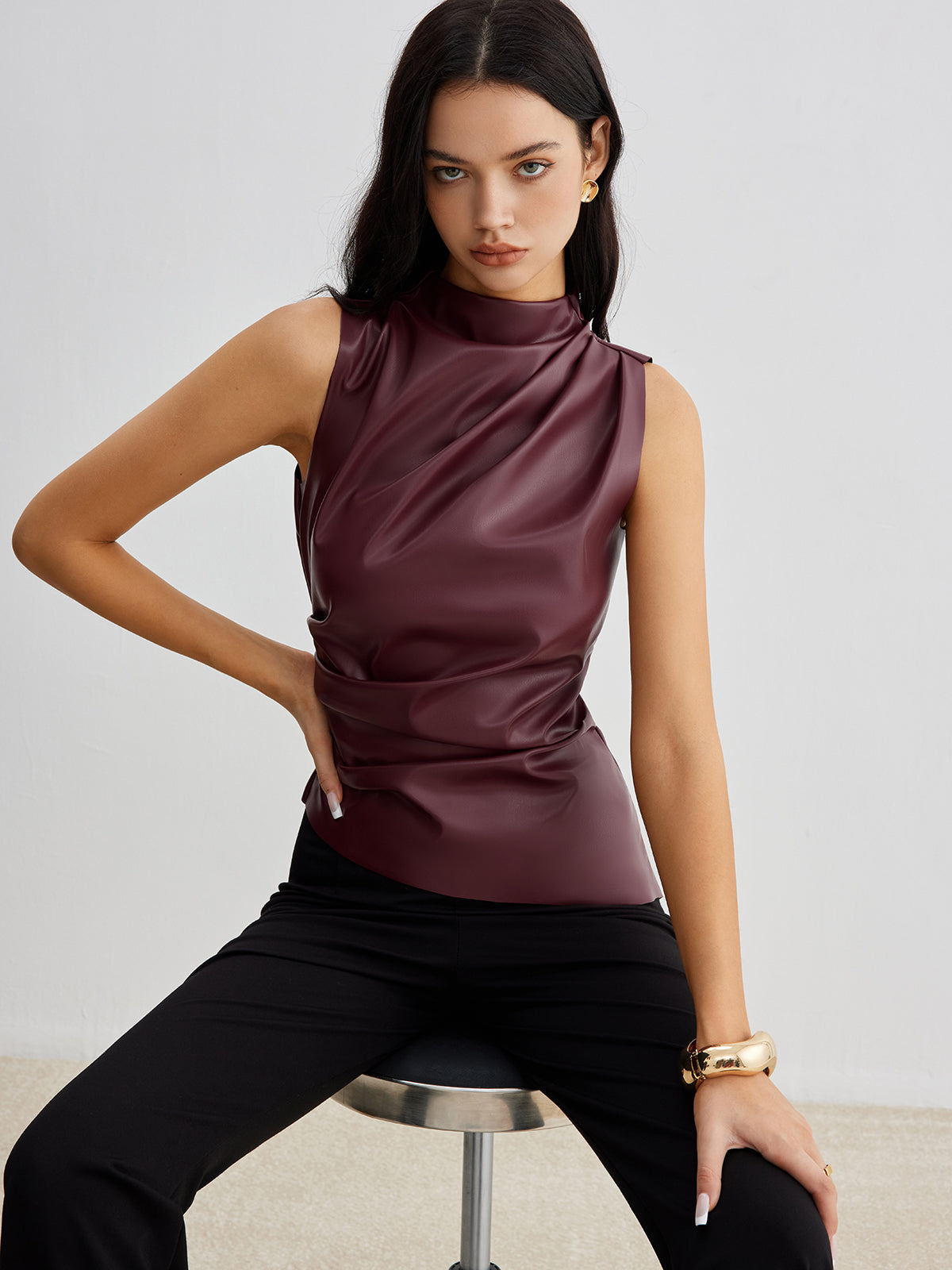 Luxury Chic Faux Leather Tank Top – Women’s Sleeveless Collarless Shirt