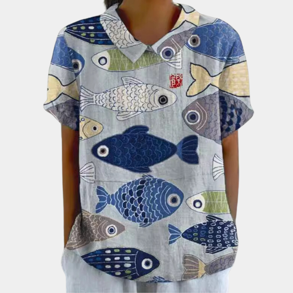 Bruna női blúz - hétköznapi blúz rövid ujjú, pasztorális virágmintás, kerek nyakú blúz, rövid ujjú, pasztorális virágmintával