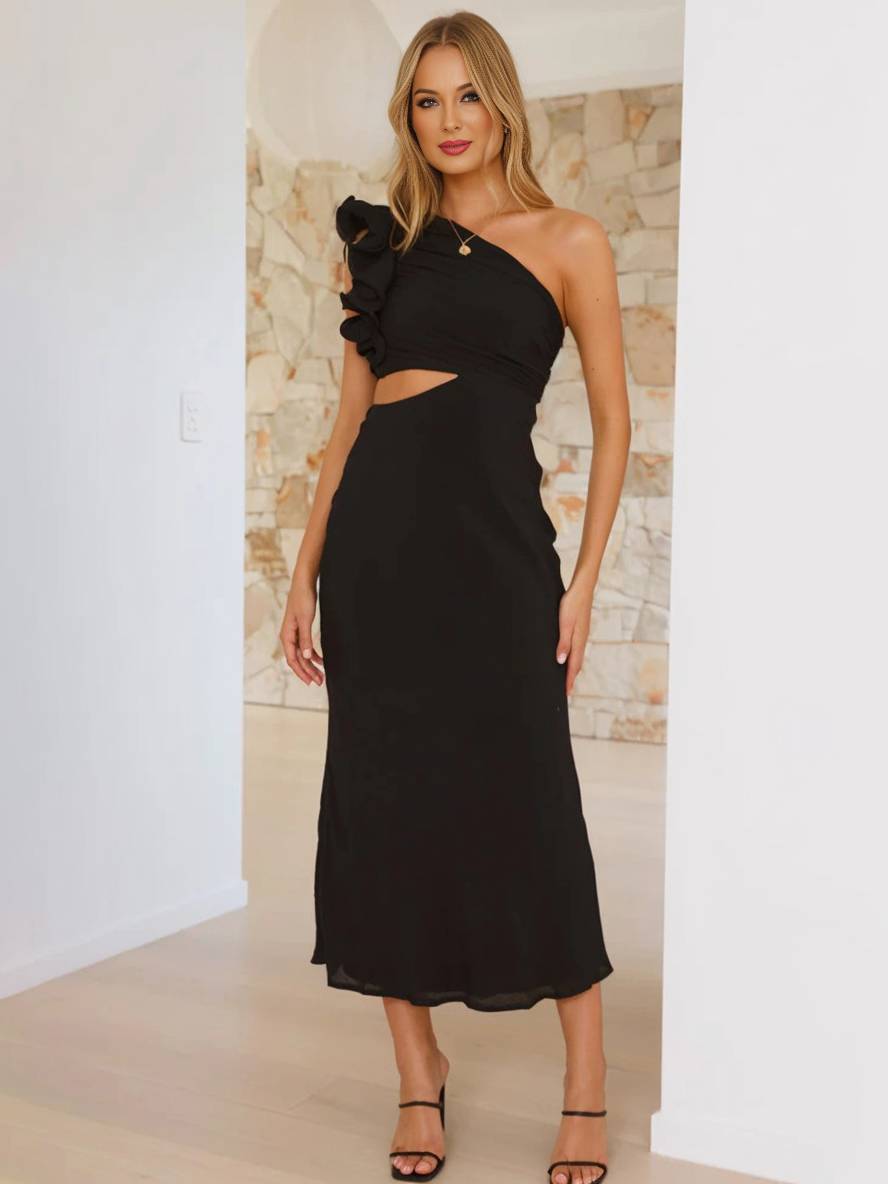 Abito da sera da donna Shamine - Abito lungo asimmetrico monospalla con ritagli eleganti e senza maniche.