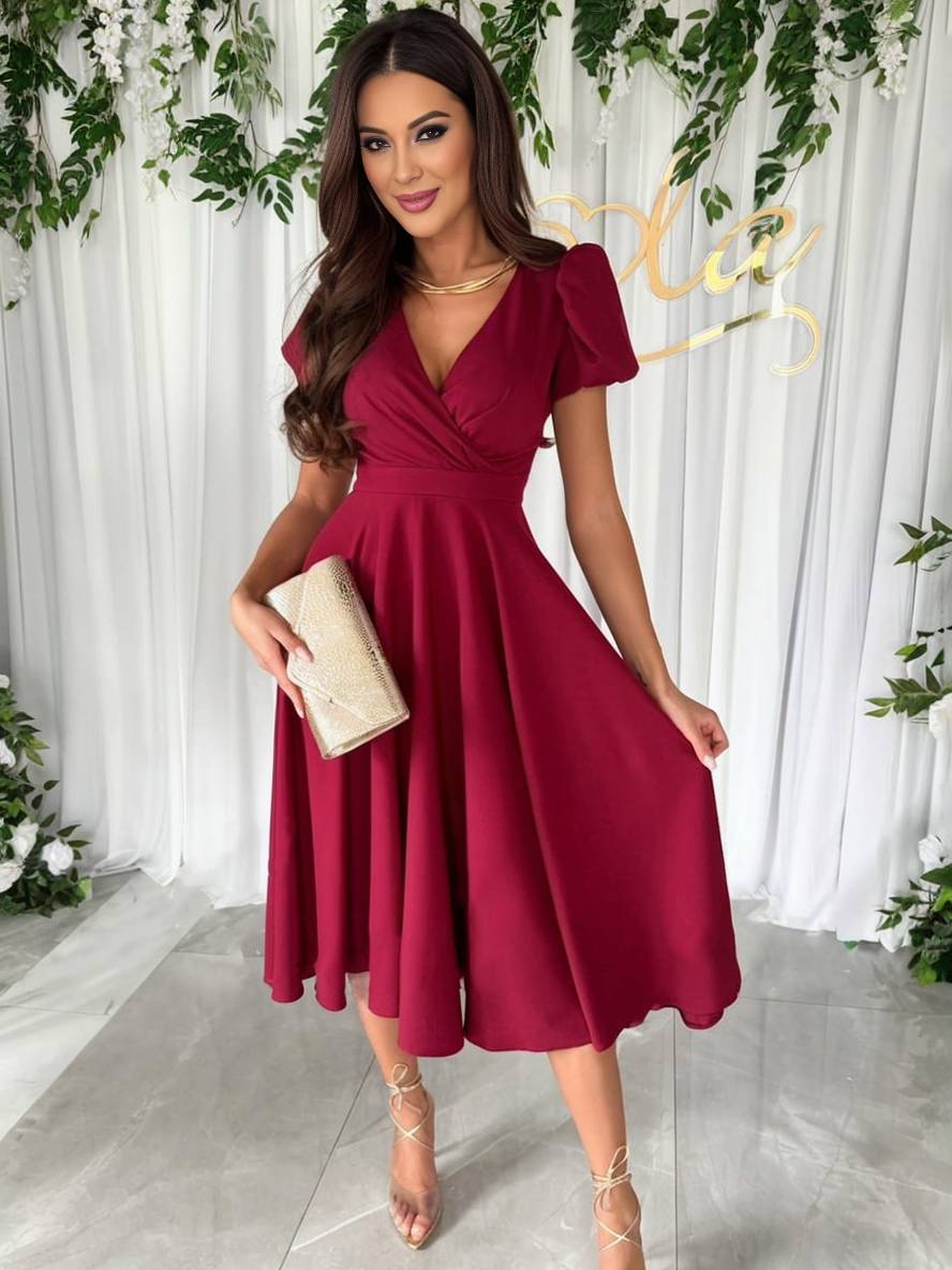 Women's Dress - Elegant Bridesmaid Dress with Cheeky Neck, Short Buff Sleeves and Flowy Cut