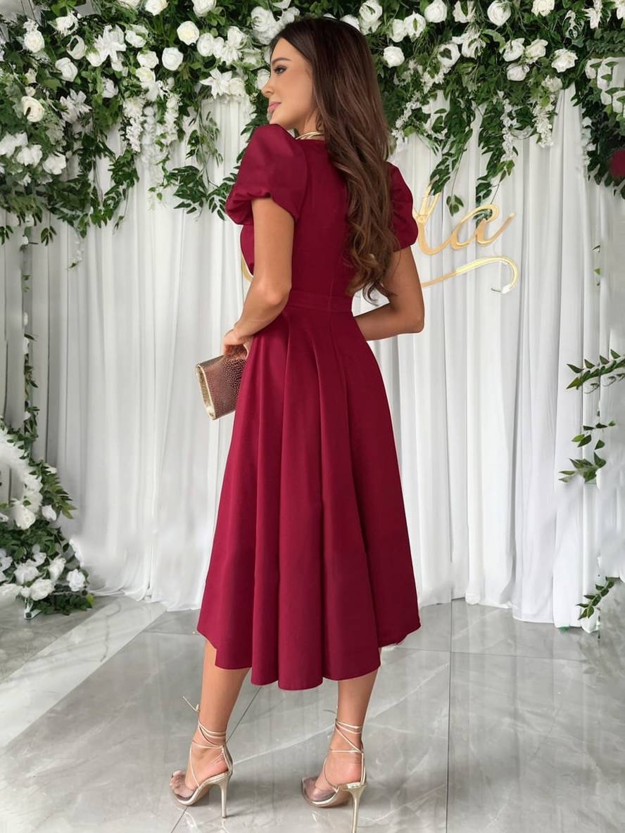 Women's Dress - Elegant Bridesmaid Dress with Cheeky Neck, Short Buff Sleeves and Flowy Cut