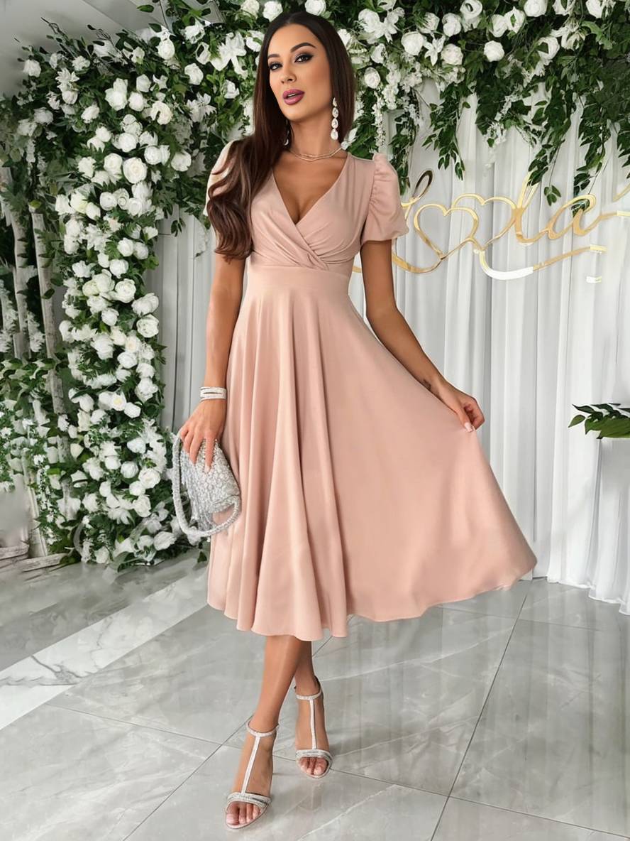 Women's Dress - Elegant Bridesmaid Dress with Cheeky Neck, Short Buff Sleeves and Flowy Cut