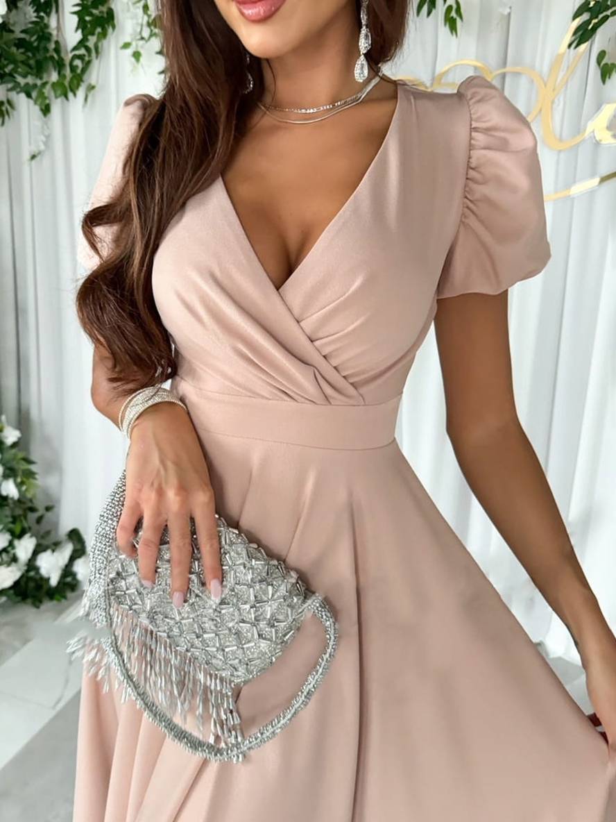 Women's Dress - Elegant Bridesmaid Dress with Cheeky Neck, Short Buff Sleeves and Flowy Cut