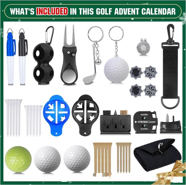 Set de regalo «Calendario de Adviento de golf» | Accesorios de golf para interior y caja de cuenta atrás navideña para golfistas y coleccionistas