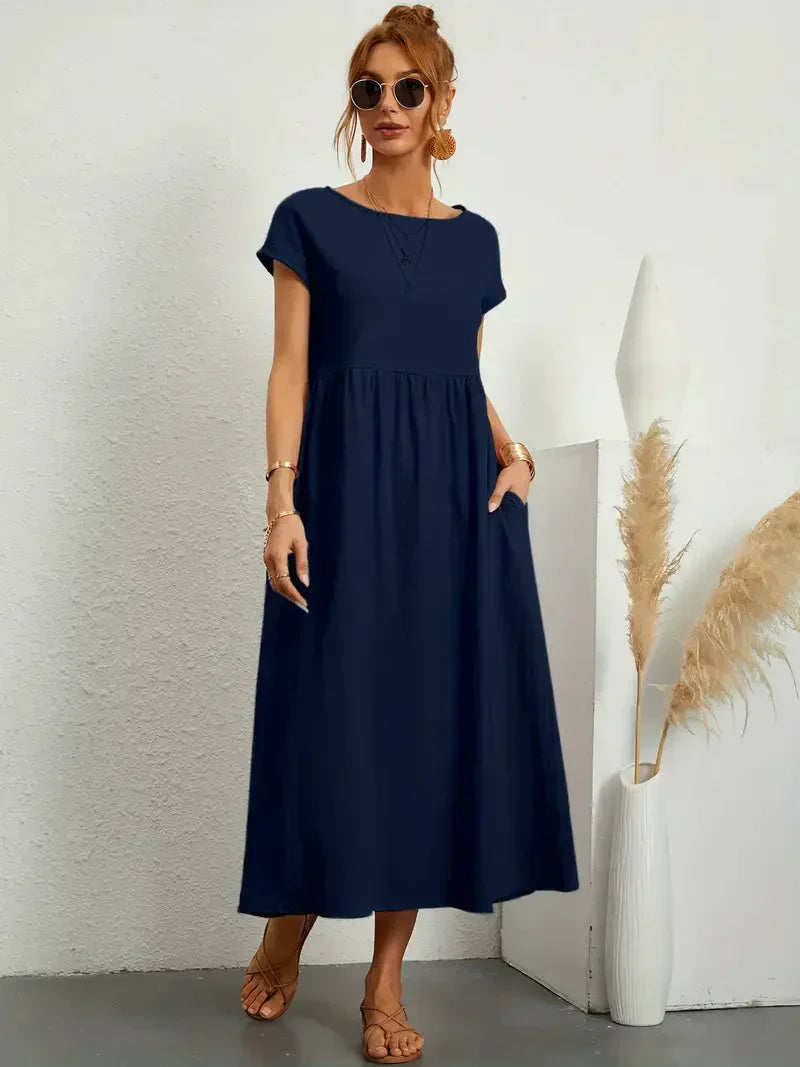 Women's Long Dress - Lightweight Summer Cotton Blend Dress with Elegant Cut and Timeless Style