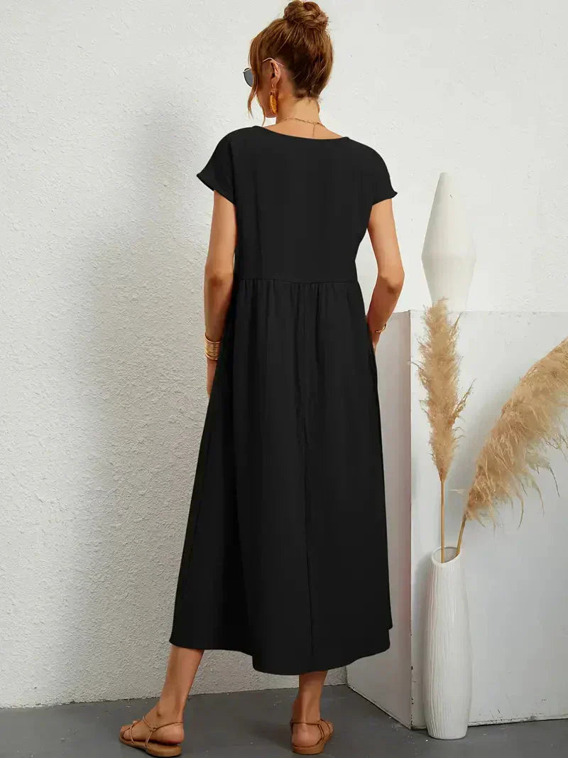 Women's Long Dress - Lightweight Summer Cotton Blend Dress with Elegant Cut and Timeless Style