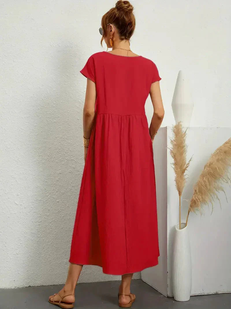 Women's Long Dress - Lightweight Summer Cotton Blend Dress with Elegant Cut and Timeless Style