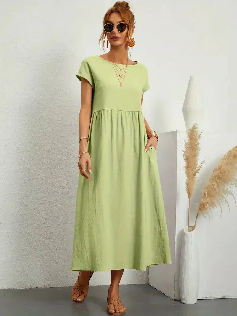 Women's Long Dress - Lightweight Summer Cotton Blend Dress with Elegant Cut and Timeless Style