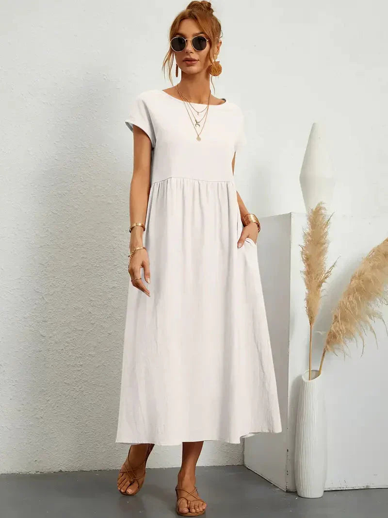 Women's Long Dress - Lightweight Summer Cotton Blend Dress with Elegant Cut and Timeless Style