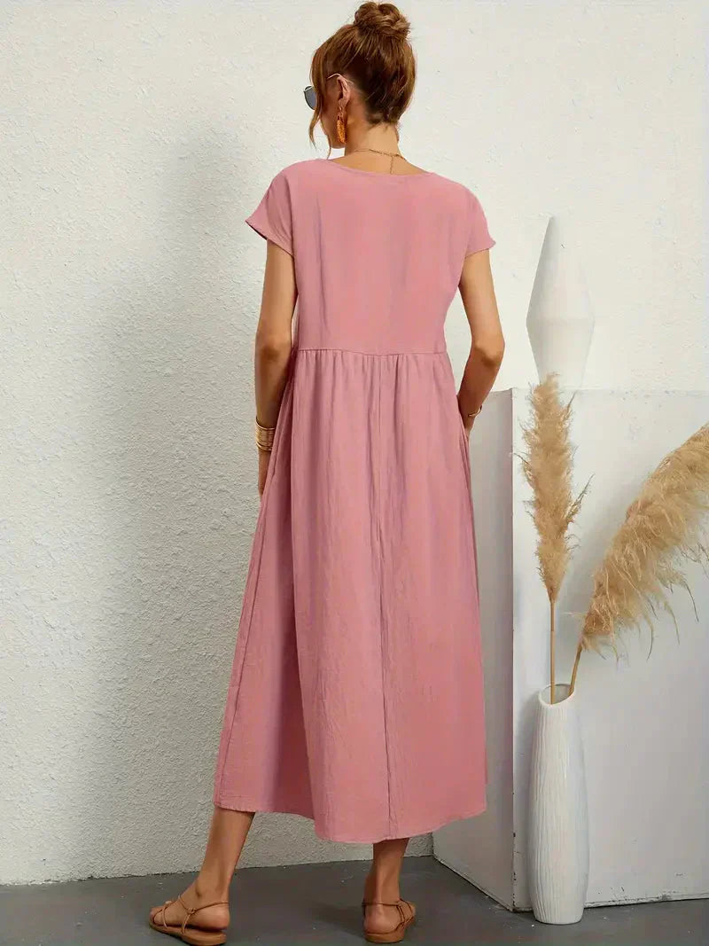 Women's Long Dress - Lightweight Summer Cotton Blend Dress with Elegant Cut and Timeless Style
