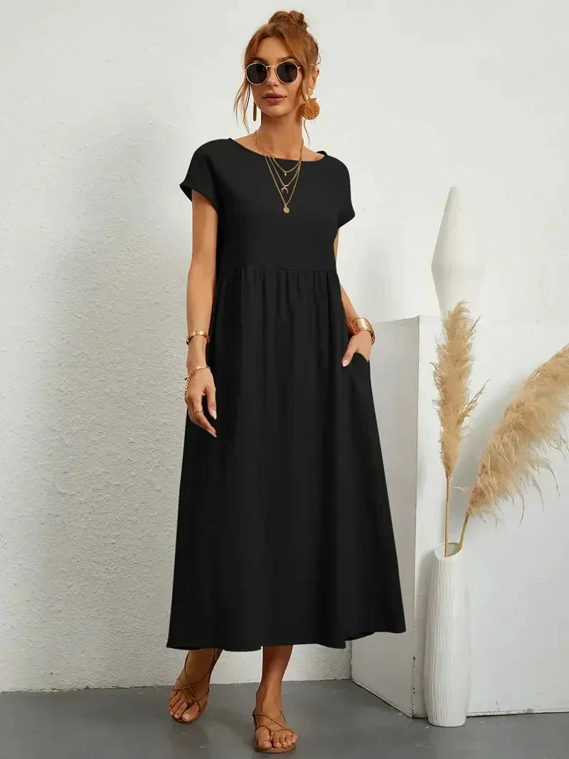 Women's Long Dress - Lightweight Summer Cotton Blend Dress with Elegant Cut and Timeless Style