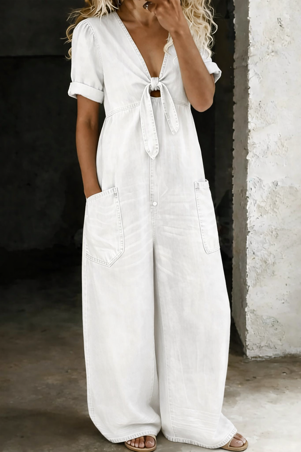 Women's Wide Leg Denim Jumpsuit | Lightweight V-Neck Casual Romper with Pockets | Soft Breathable Cotton Denim One-Piece Outfit