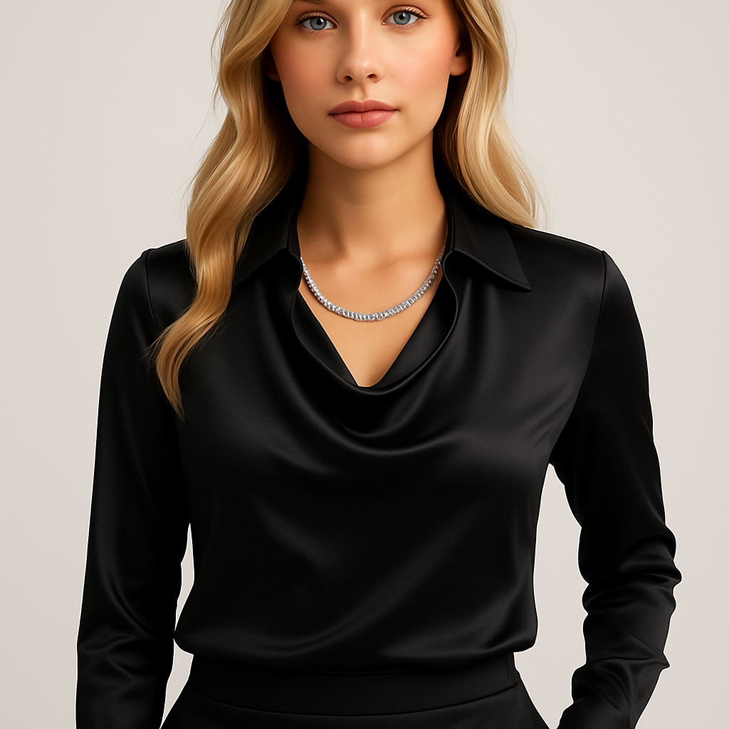 Witte satijnen blouse met watervalhals, front view