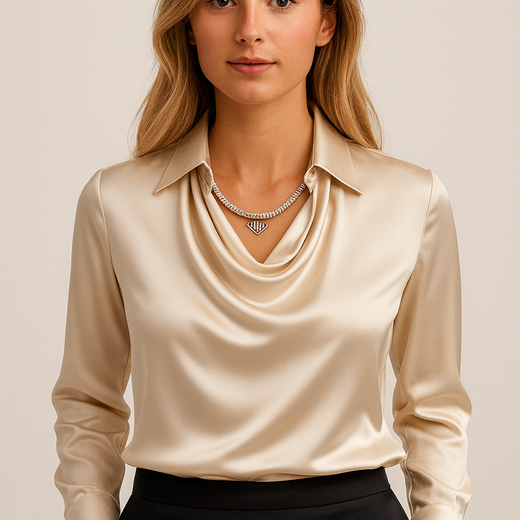 Witte satijnen blouse met watervalhals close-up vooraanzicht