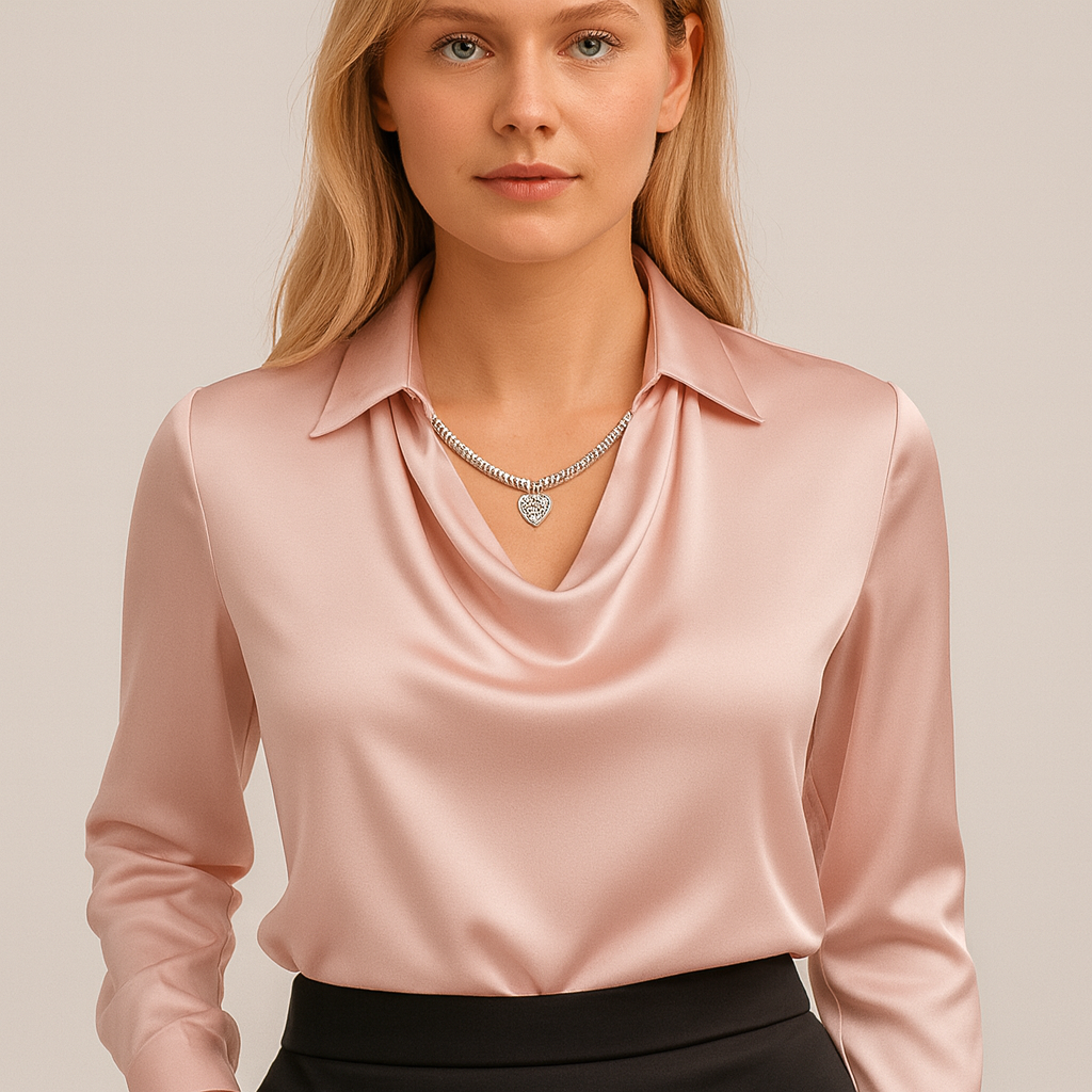 Lange mouwen blouse witte satijn watervalhals vooraanzicht