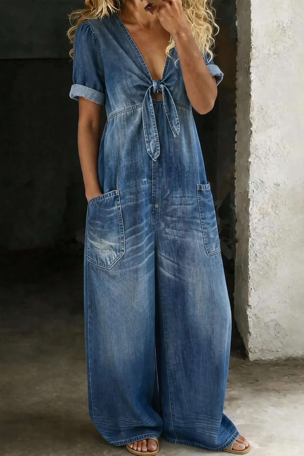 Women's Wide Leg Denim Jumpsuit | Lightweight V-Neck Casual Romper with Pockets | Soft Breathable Cotton Denim One-Piece Outfit