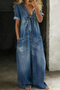 Women's Wide Leg Denim Jumpsuit | Lightweight V-Neck Casual Romper with Pockets | Soft Breathable Cotton Denim One-Piece Outfit