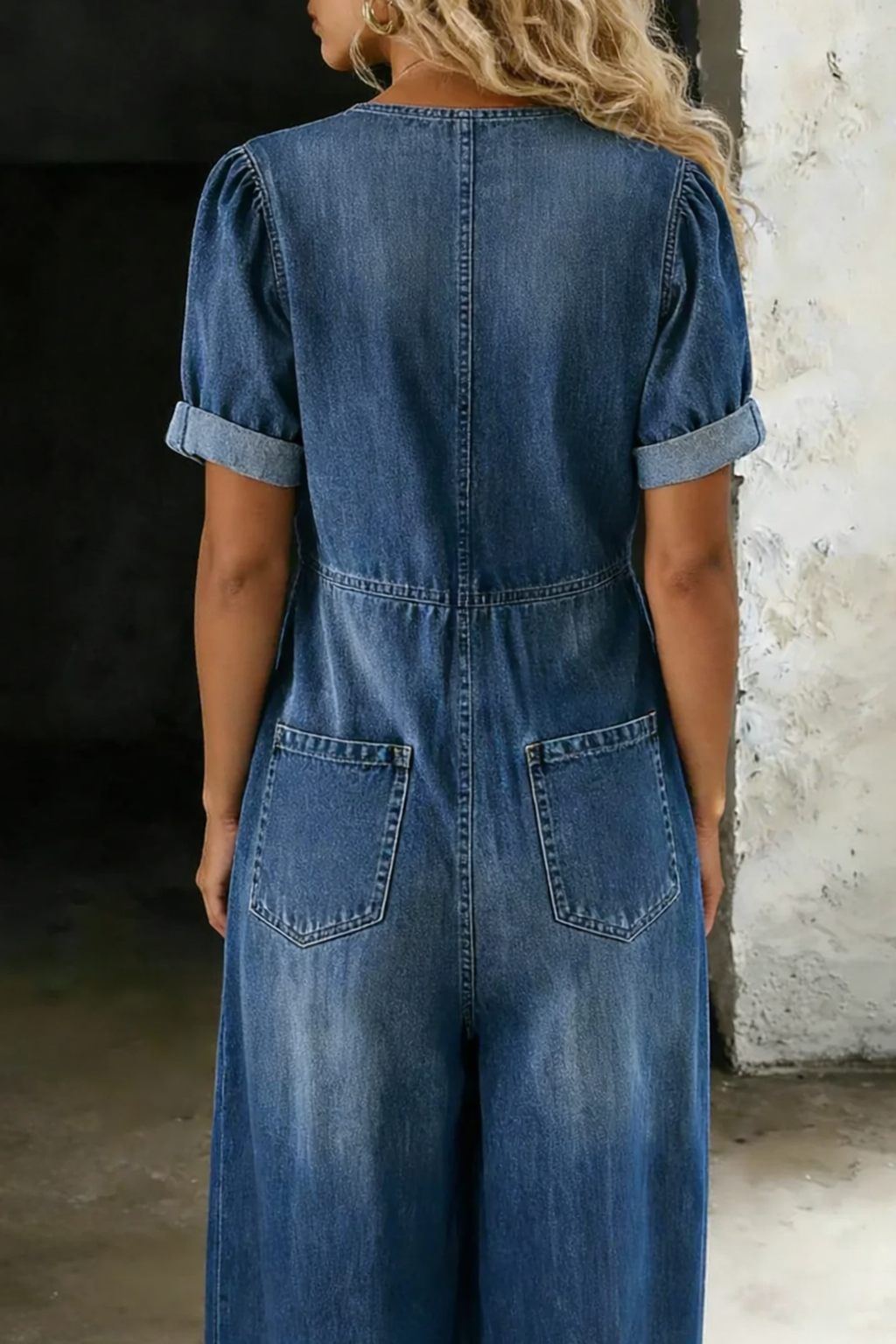 Women's Wide Leg Denim Jumpsuit | Lightweight V-Neck Casual Romper with Pockets | Soft Breathable Cotton Denim One-Piece Outfit