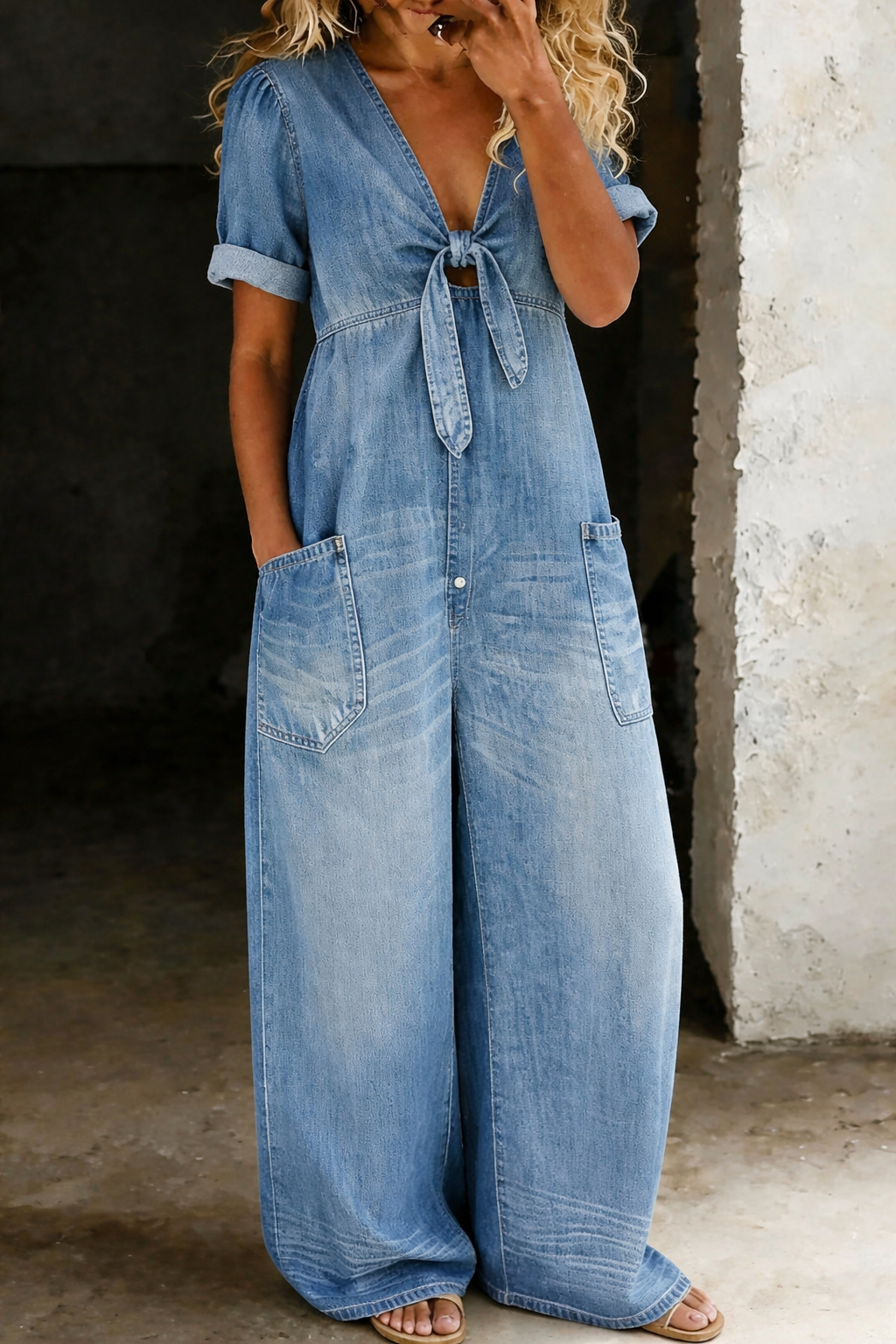 Women's Wide Leg Denim Jumpsuit | Lightweight V-Neck Casual Romper with Pockets | Soft Breathable Cotton Denim One-Piece Outfit
