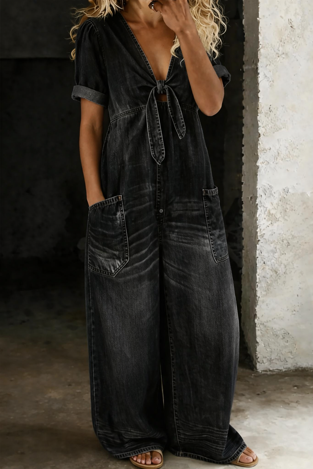 Women's Wide Leg Denim Jumpsuit | Lightweight V-Neck Casual Romper with Pockets | Soft Breathable Cotton Denim One-Piece Outfit