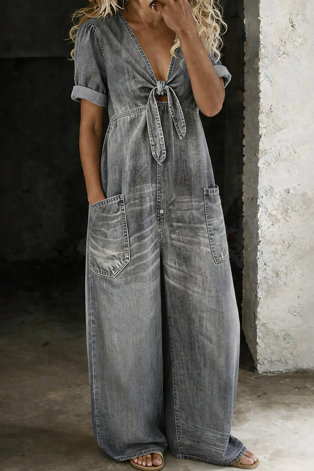 Women's Wide Leg Denim Jumpsuit | Lightweight V-Neck Casual Romper with Pockets | Soft Breathable Cotton Denim One-Piece Outfit