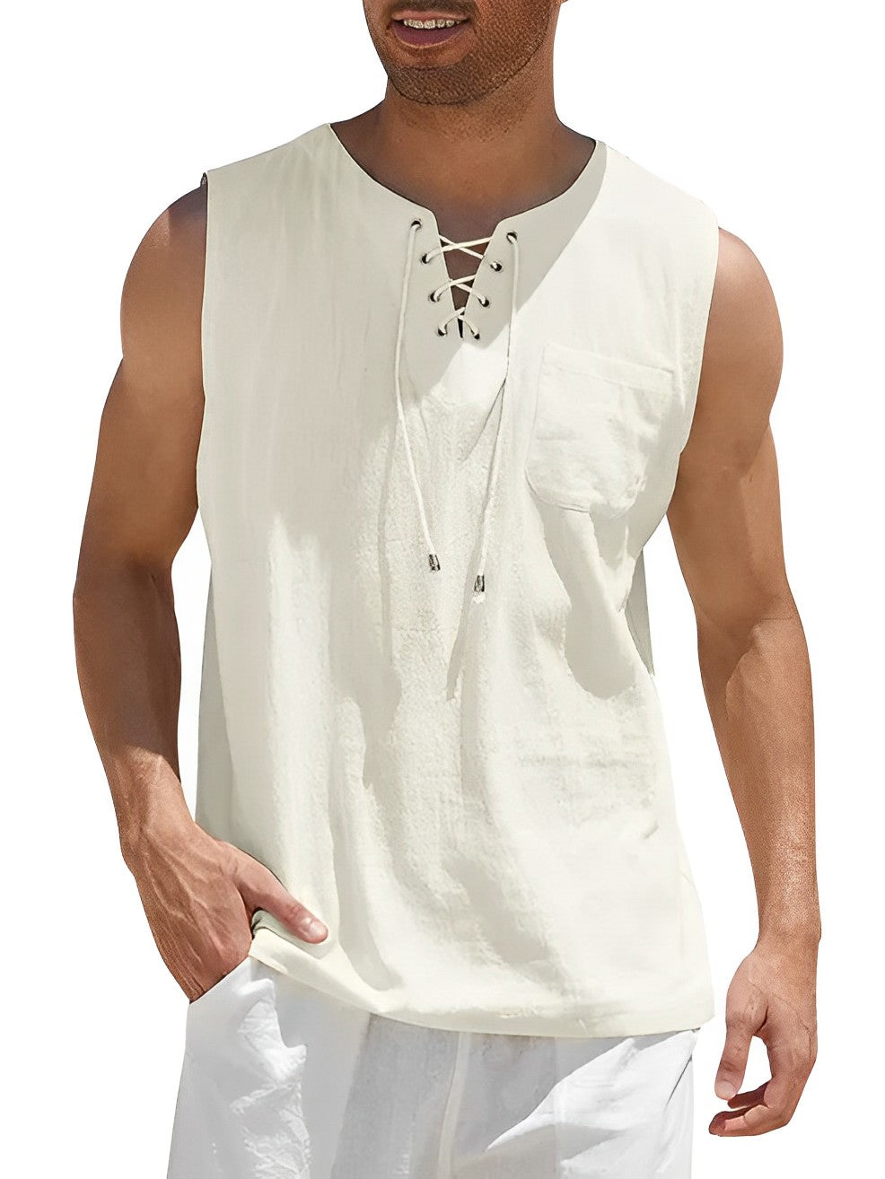 Débardeur à lacets et col en V pour homme | Chemise d'été sans manches, légère et respirante | Haut de plage décontracté à la coupe ample pour homme