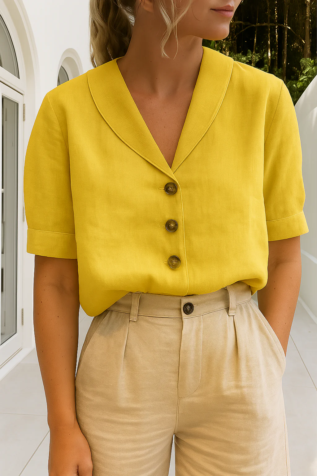 Lena - Women’s Blouse with Scarf Collar and Front Button Closure