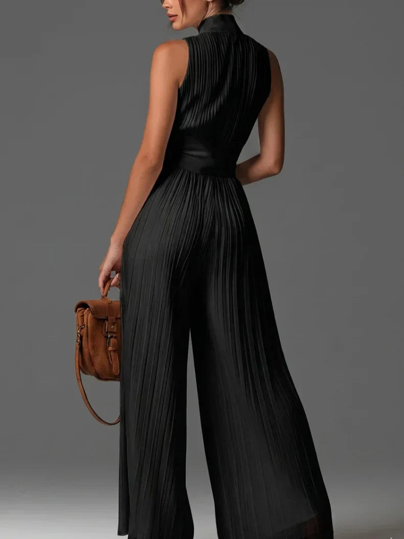Women's Halter Neck Pleated Jumpsuit | Wide Leg Sleeveless One-Piece for Formal Events and Sophisticated Occasions