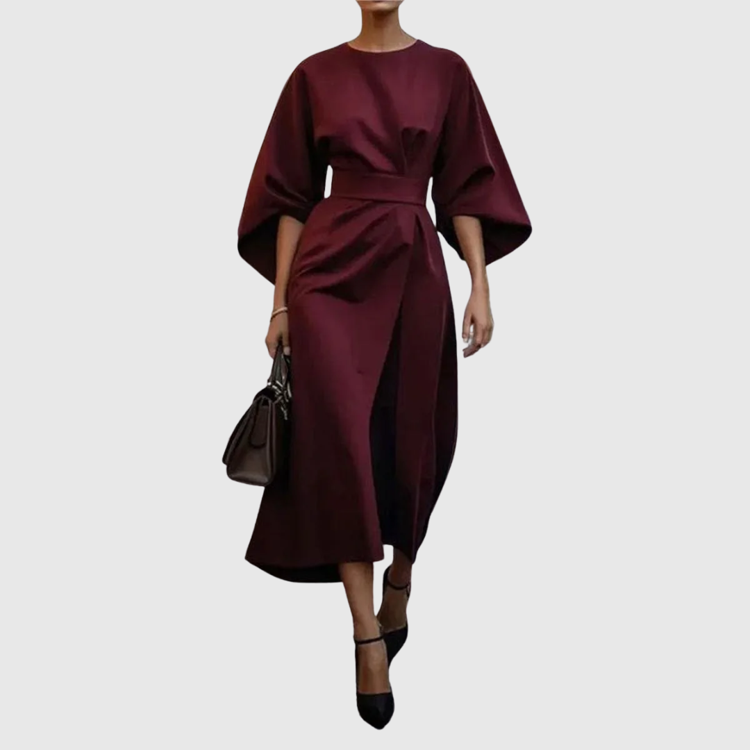 Women's Batwing Sleeve Maxi Dress | Formal Long Dress with Belt and Round Neck | Flowy Evening Gown for Special Occasions