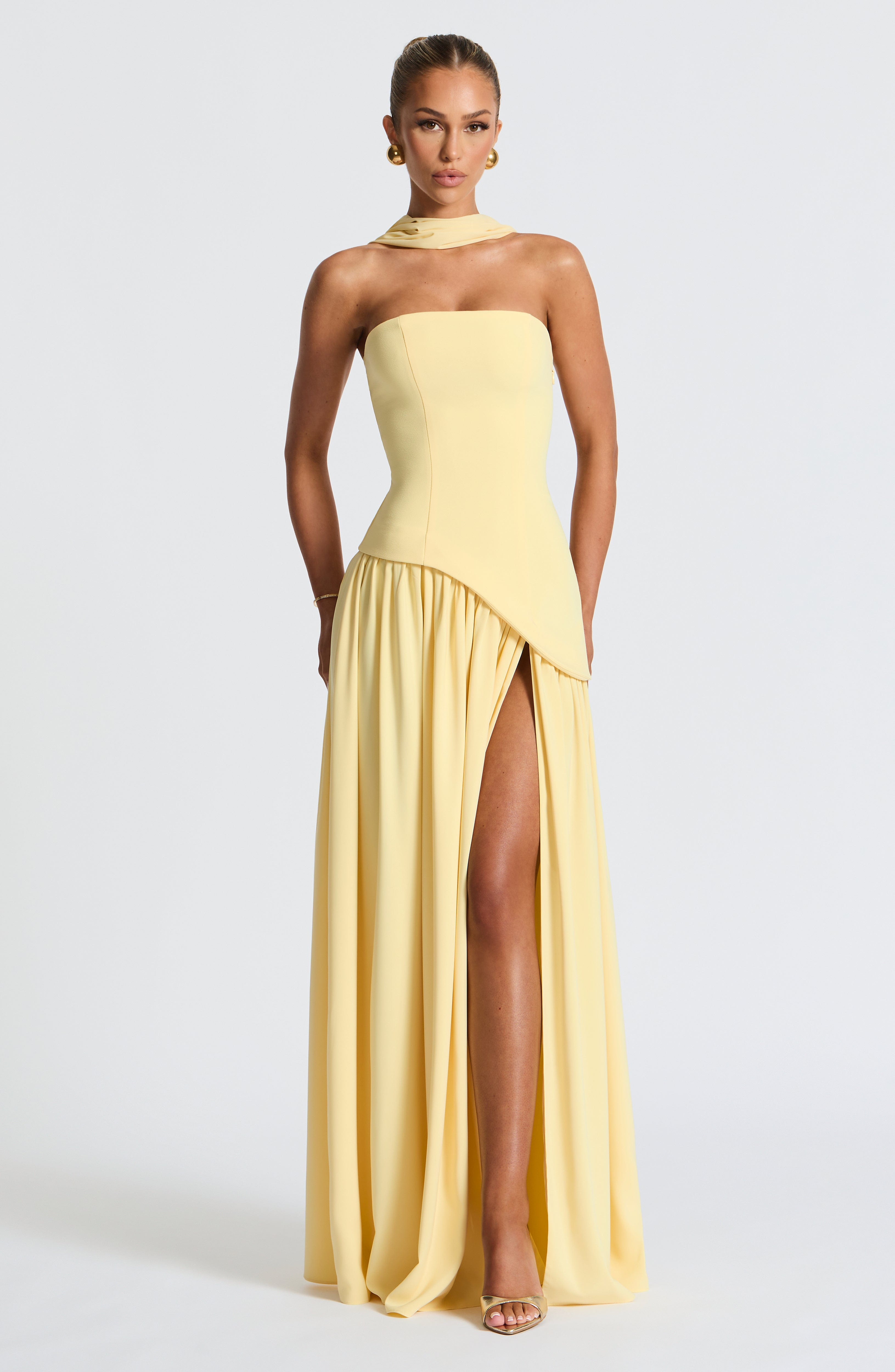 Women's Maxi Dress with Bandeau Top and Asymmetric Slit | Strapless Evening Gown with Scarf Detail and Fluid Drape