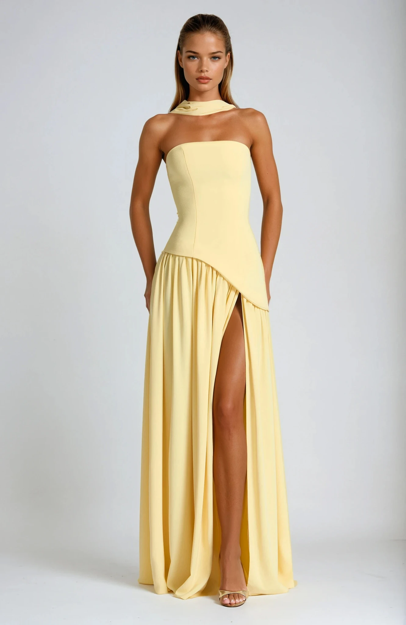 Women's Maxi Dress with Bandeau Top and Asymmetric Slit | Strapless Evening Gown with Scarf Detail and Fluid Drape