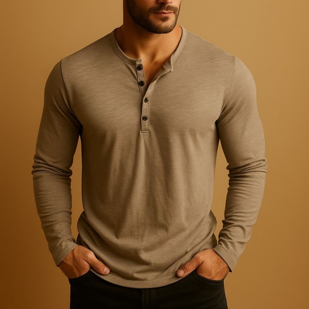 Chemise Henley à manches longues pour homme | Haut décontracté à col boutonné et coupe ajustée | Chemise polyvalente à porter au quotidien, idéale pour un look chic et décontracté
