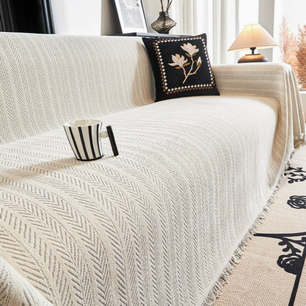 Herringbone Chenille Sofa Cover - Heavyweight Pet Friendly Couch Protector - Anti-Slip Machine Washable Furniture Throw Blanket