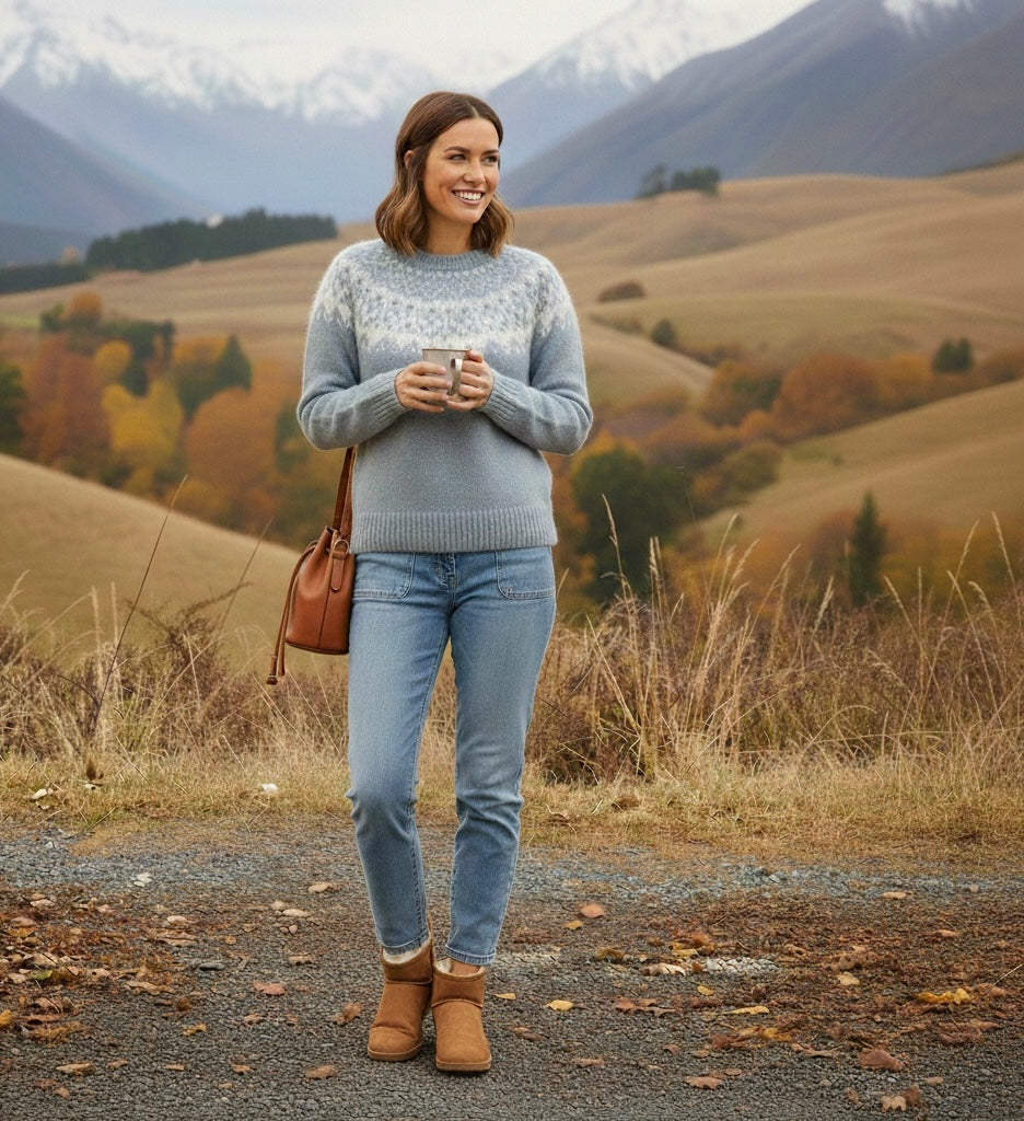 Women's Fair Isle Knit Sweater - Warm Round Neck Nordic Pattern Jumper - Soft Brushed Acrylic Winter Pullover Knitwear