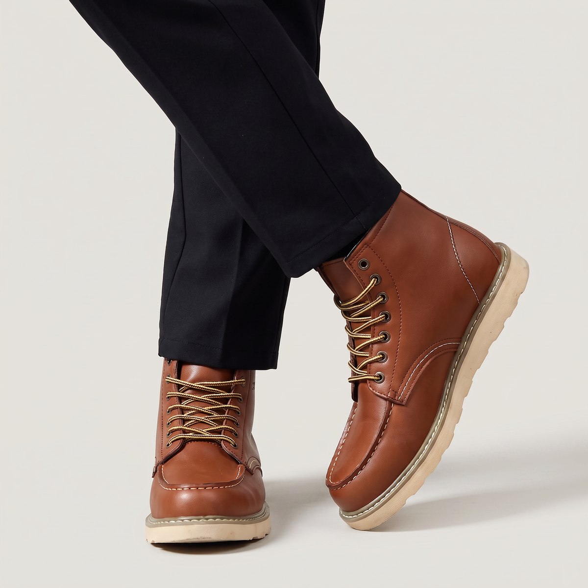 Men's Moc Toe Ankle Boots | Lace-Up Synthetic Leather Work Boots with Rubber Sole | Casual Everyday Walking Boots
