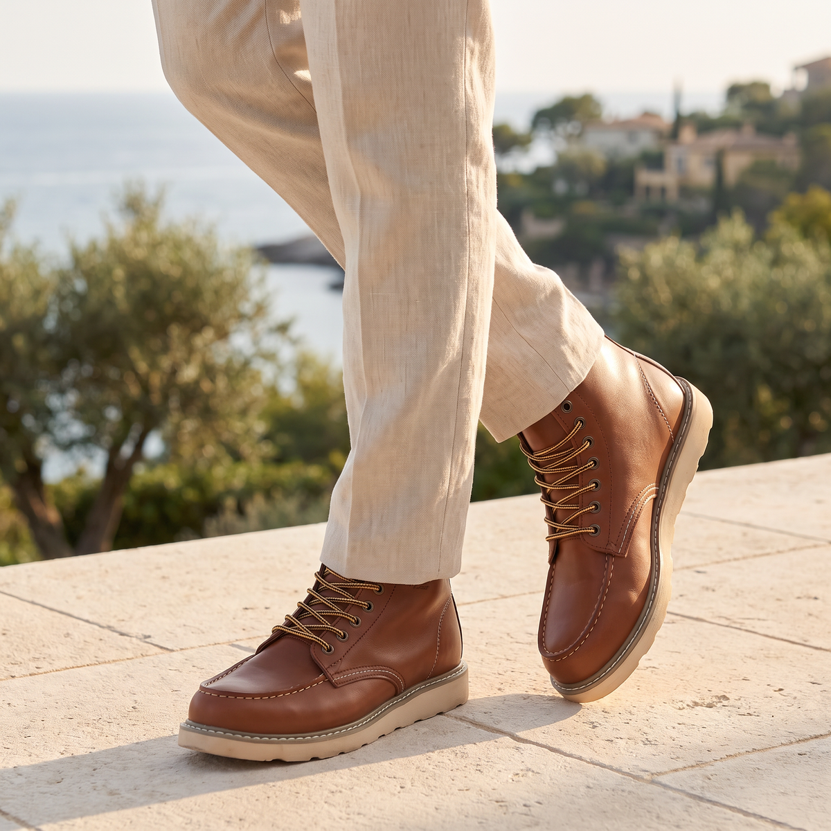 Men's Moc Toe Ankle Boots | Lace-Up Synthetic Leather Work Boots with Rubber Sole | Casual Everyday Walking Boots