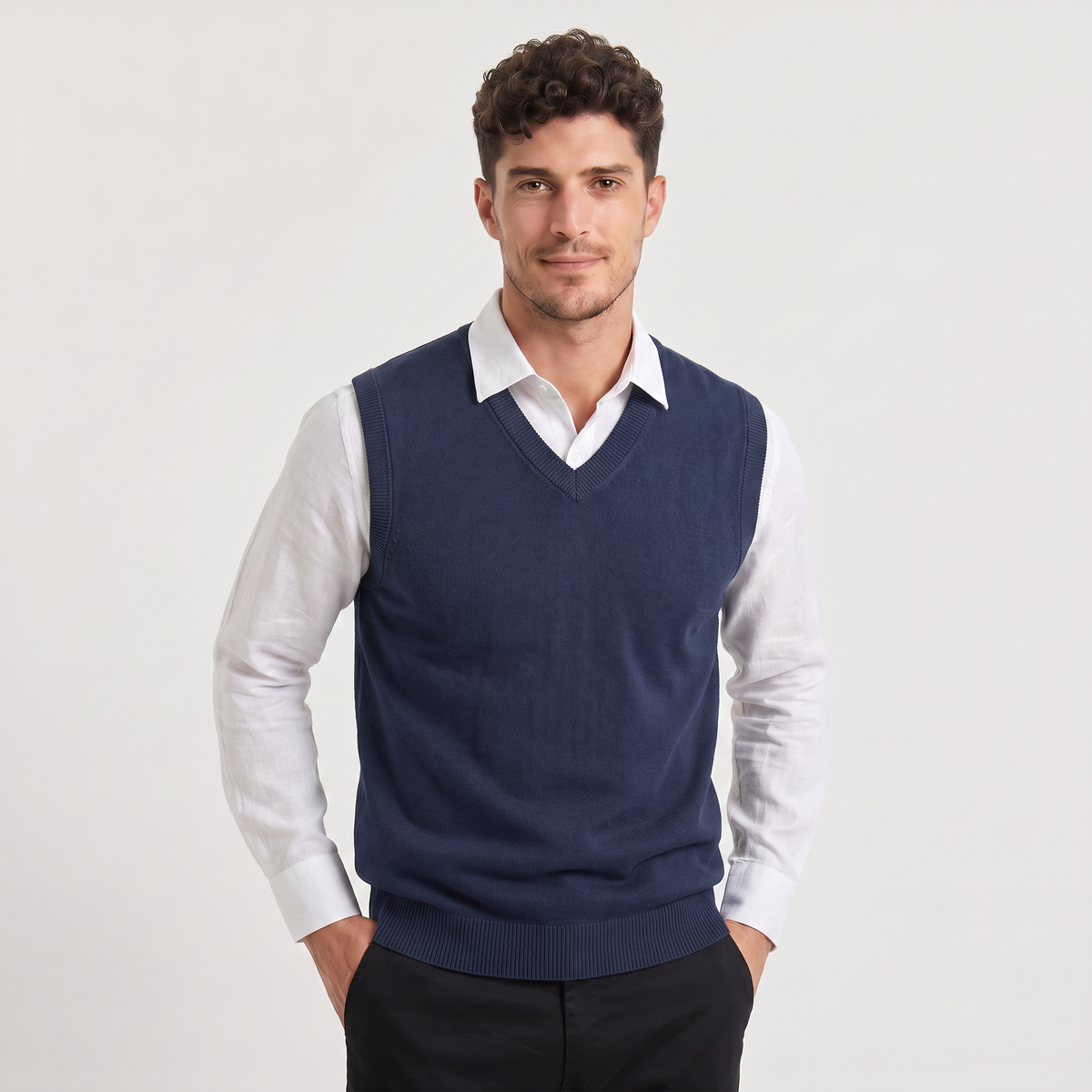 Ανδρικό πλεκτό γιλέκο χωρίς μανίκια με V-neck | Γιλέκο σε κανονική εφαρμογή για smart casual συνδυασμούς | Κλασικό πλεκτό γιλέκο χωρίς μανίκια