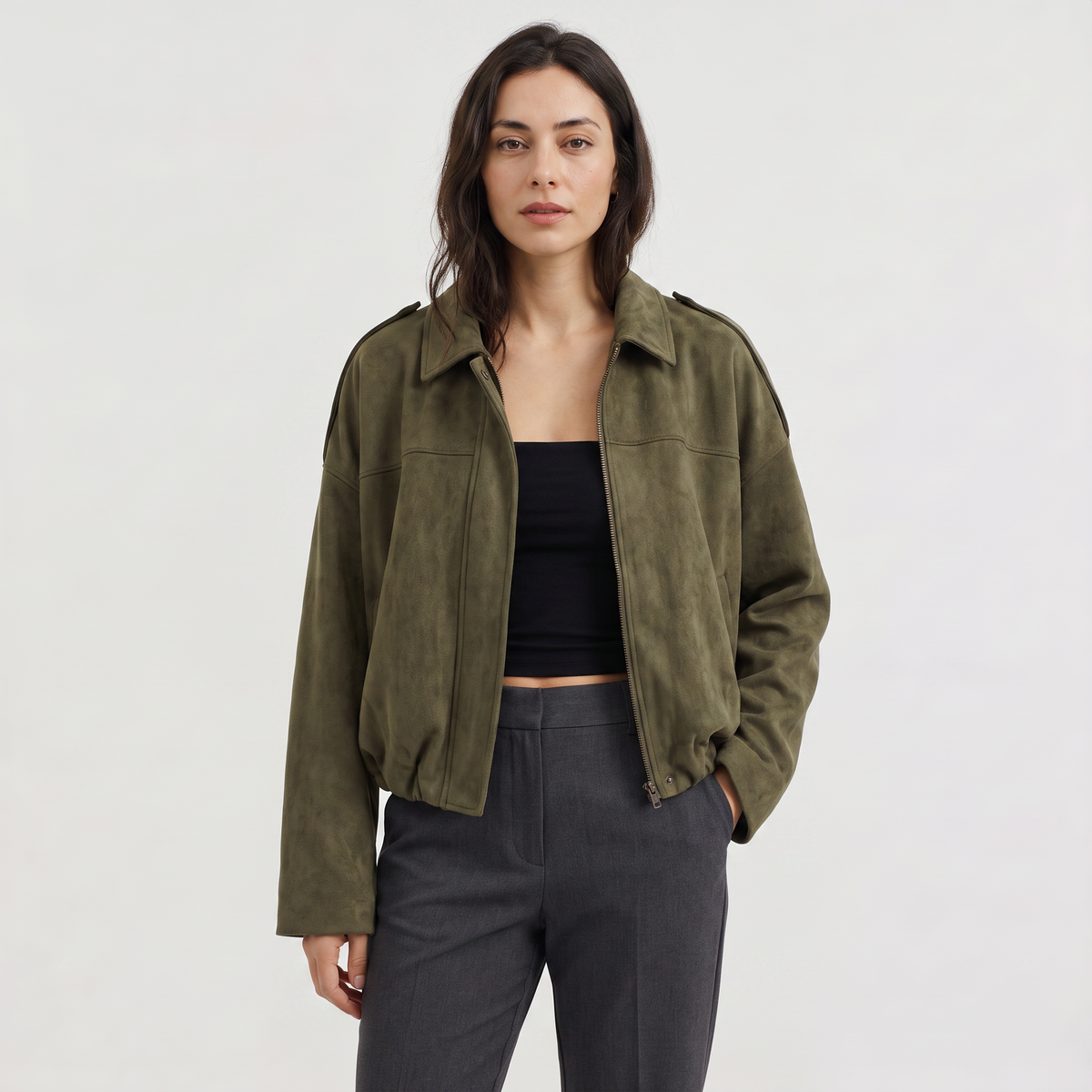 Women's Faux Suede Bomber Jacket | Oversized Collared Lightweight Jacket for Spring and Autumn Everyday Transitional Style